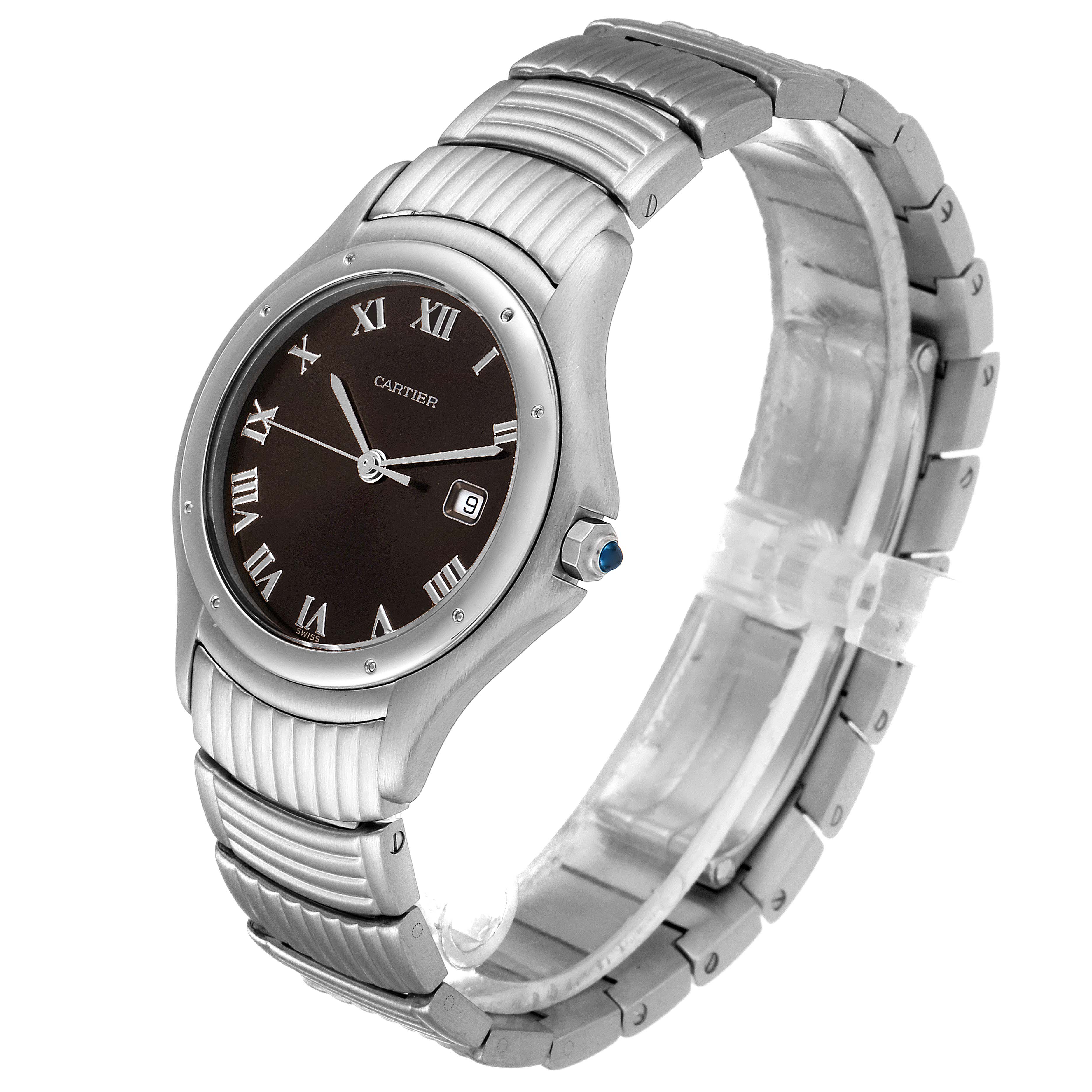 The image shows a Cartier Santos W20027K1 Men's Stainless Steel Grey Dial W20027K1 Men's Stainless Steel Grey Dial watch at an angled view, highlighting its face, bezel, crown, and steel bracelet.