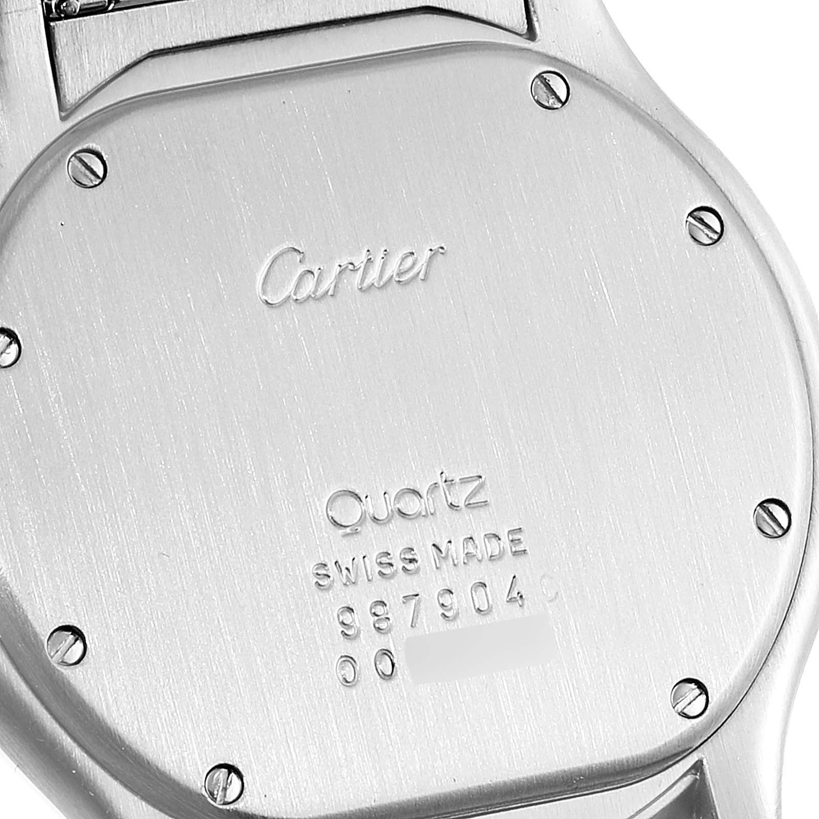 This image shows the back case of a Cartier Santos W20027K1 Men's Stainless Steel Grey Dial W20027K1 Men's Stainless Steel Grey Dial watch, highlighting the brand, model, and specifications.