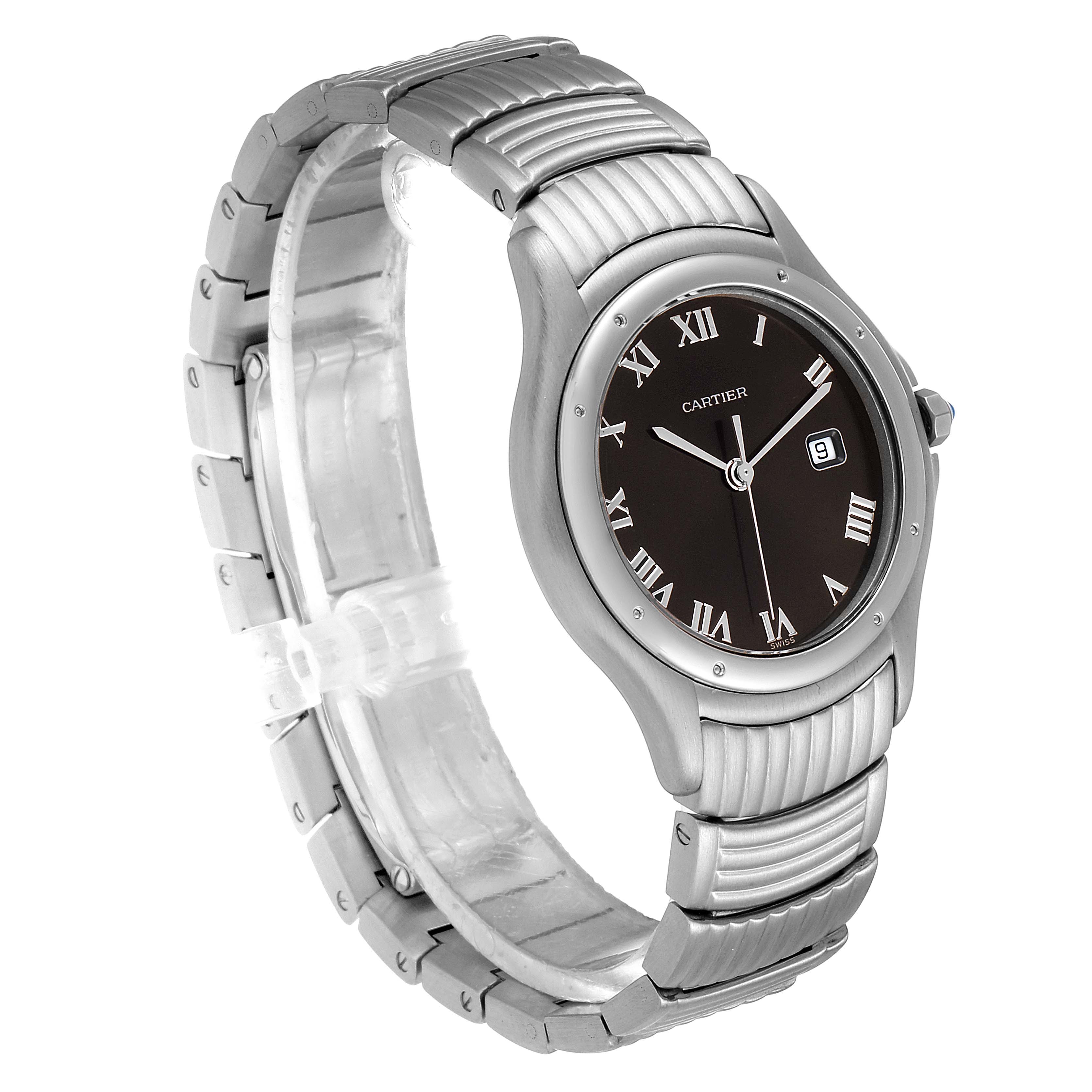 The image shows a Santos model by Cartier from a three-quarter angle, highlighting the watch face, bezel, and metal bracelet.