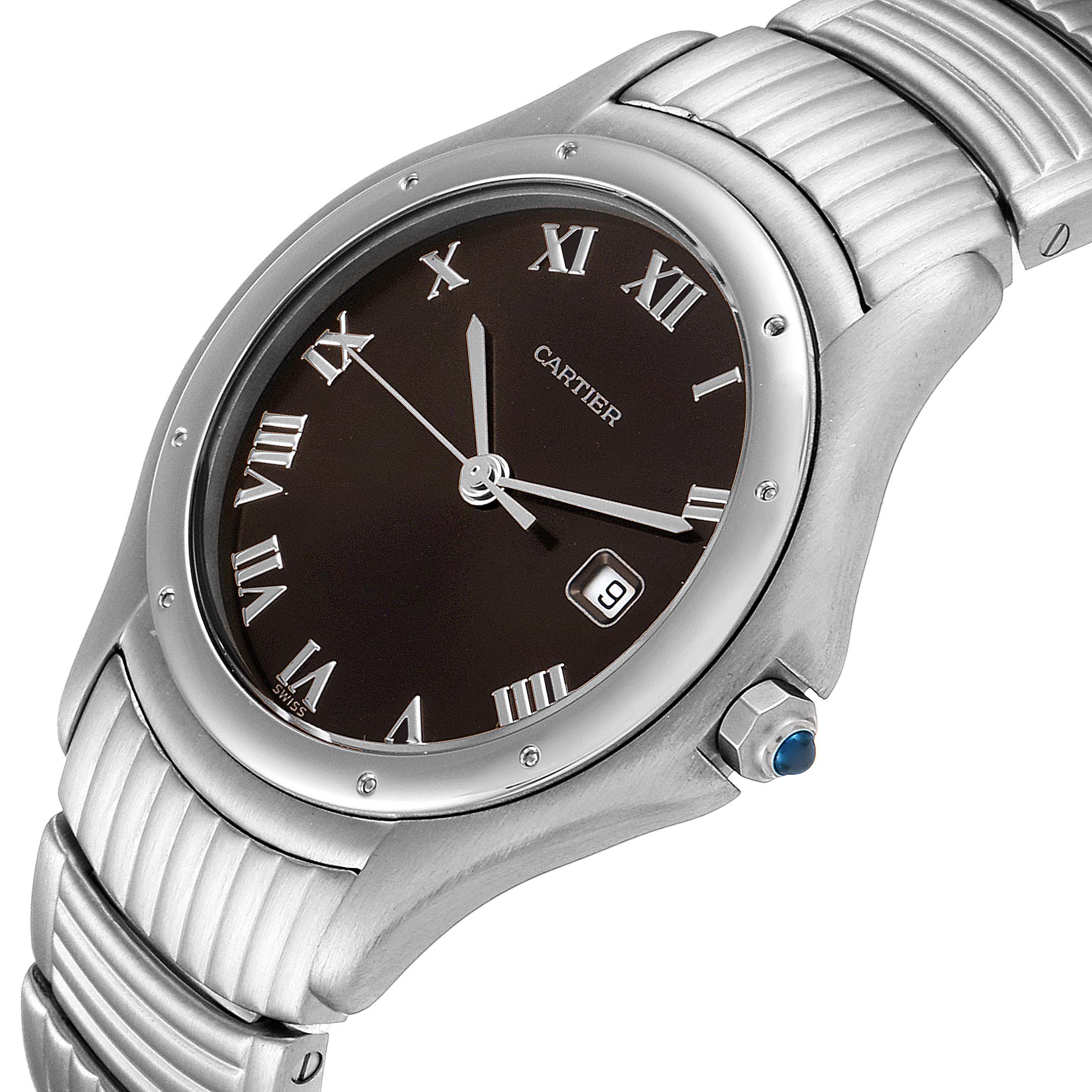 The Santos model by Cartier is shown at an angle, highlighting the face, bezel, crown, and part of the bracelet.