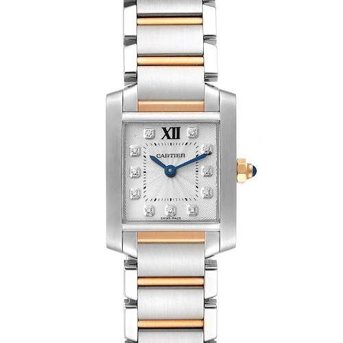 The Cartier Tank Francaise watch is shown from a top view, displaying the face and metal bracelet with a golden crown at the side.