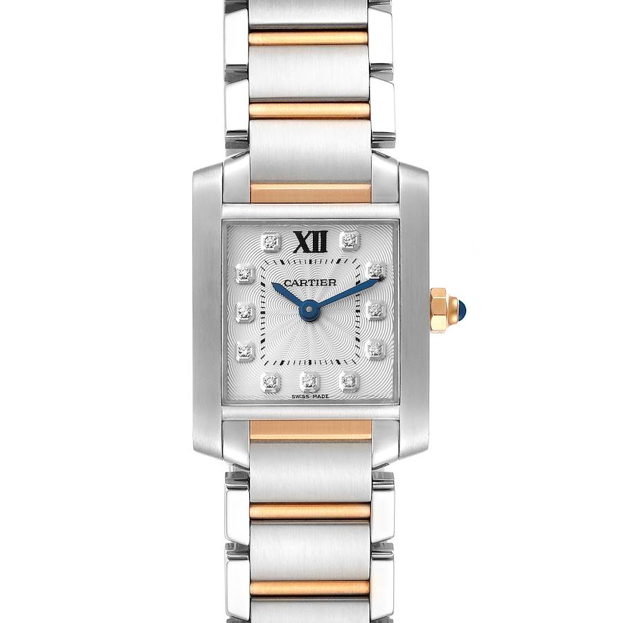 The image shows a Cartier Tank Francaise watch from a straight-on angle, displaying its face, crown, and two-tone bracelet.