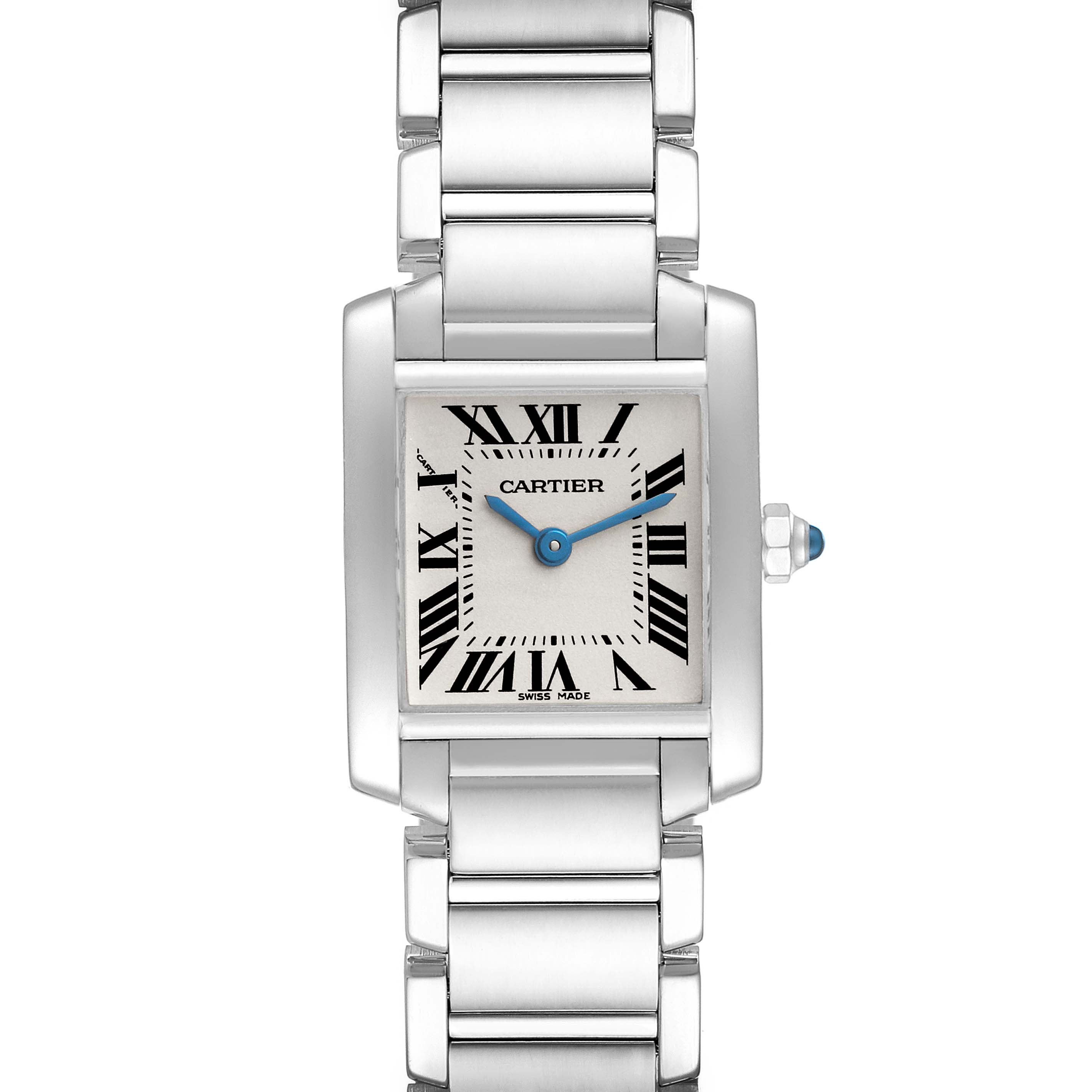 This is a front view of the Cartier Tank Francaise W50012S3 Women's White Gold Silver Dial W50012S3 Women's White Gold Silver Dial watch, showcasing its face, bezel, and stainless steel bracelet.