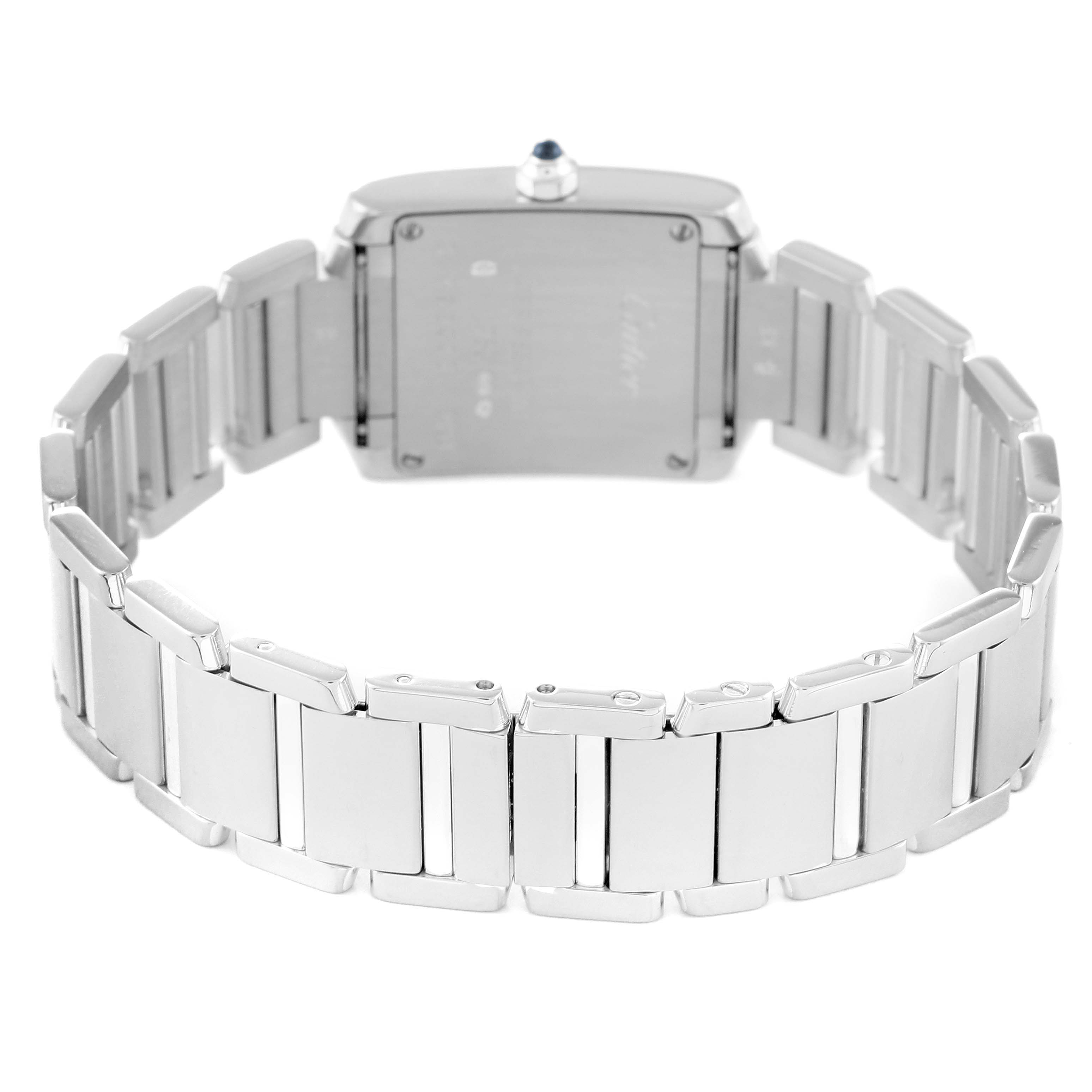 The image shows the back view of a Cartier Tank Francaise W50012S3 Women's White Gold Silver Dial W50012S3 Women's White Gold Silver Dial watch, prominently displaying its metal strap and case back.