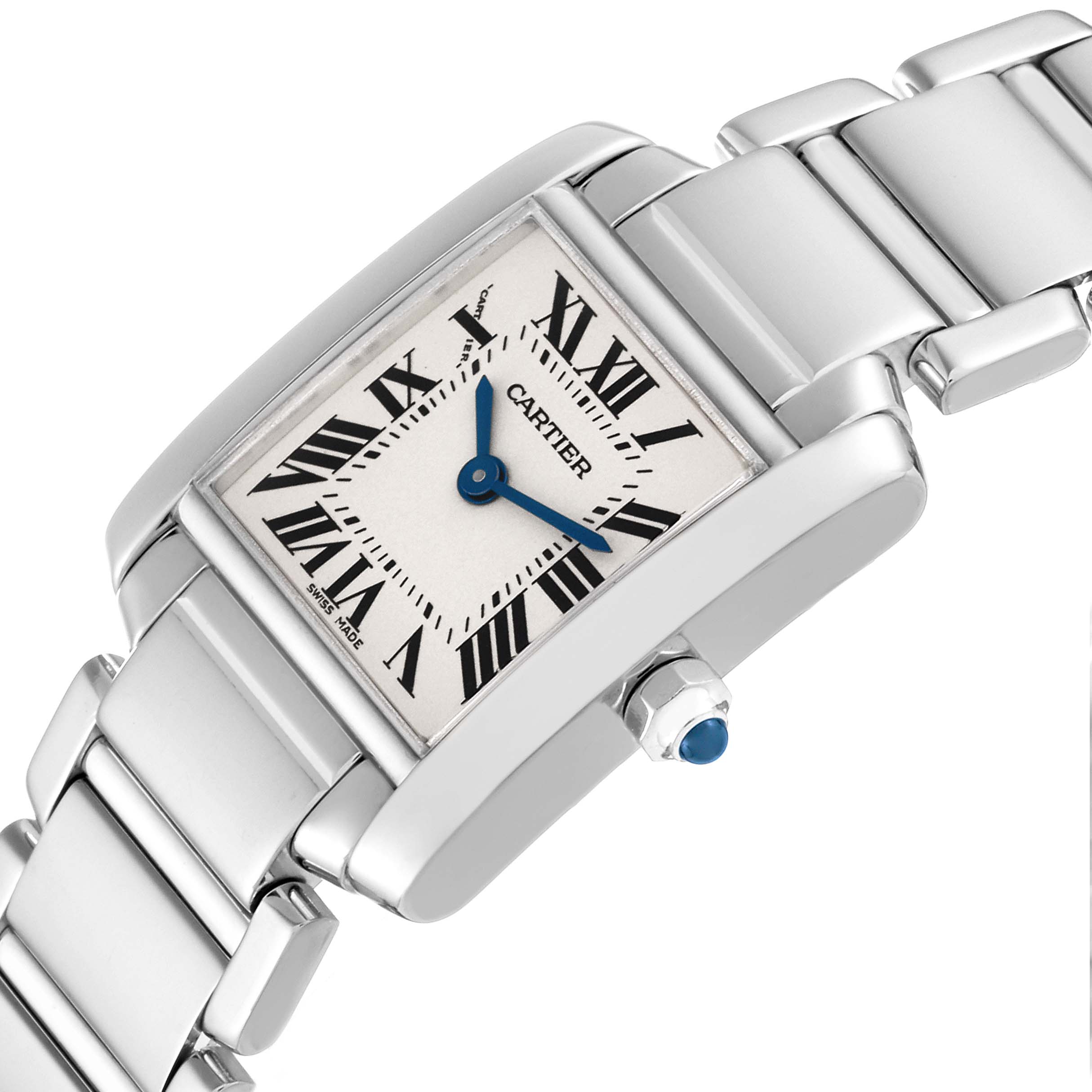 The image shows a close-up, angled view of a Cartier Tank Francaise W50012S3 Women's White Gold Silver Dial W50012S3 Women's White Gold Silver Dial watch, highlighting the rectangular face, Roman numerals, and metal bracelet.