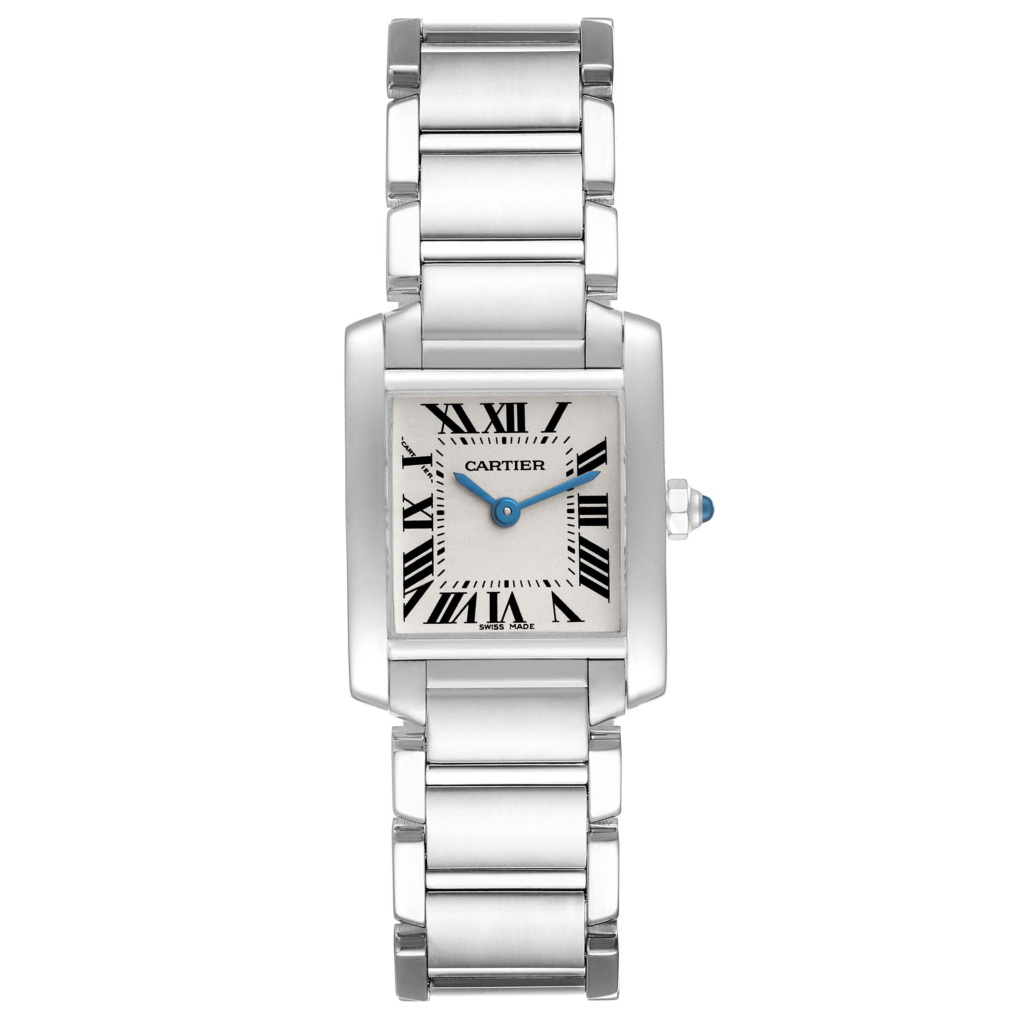 The Cartier Tank Francaise W50012S3 Women's White Gold Silver Dial W50012S3 Women's White Gold Silver Dial watch is shown from a top-down view, displaying its rectangular face, Roman numeral markers, and metal bracelet.