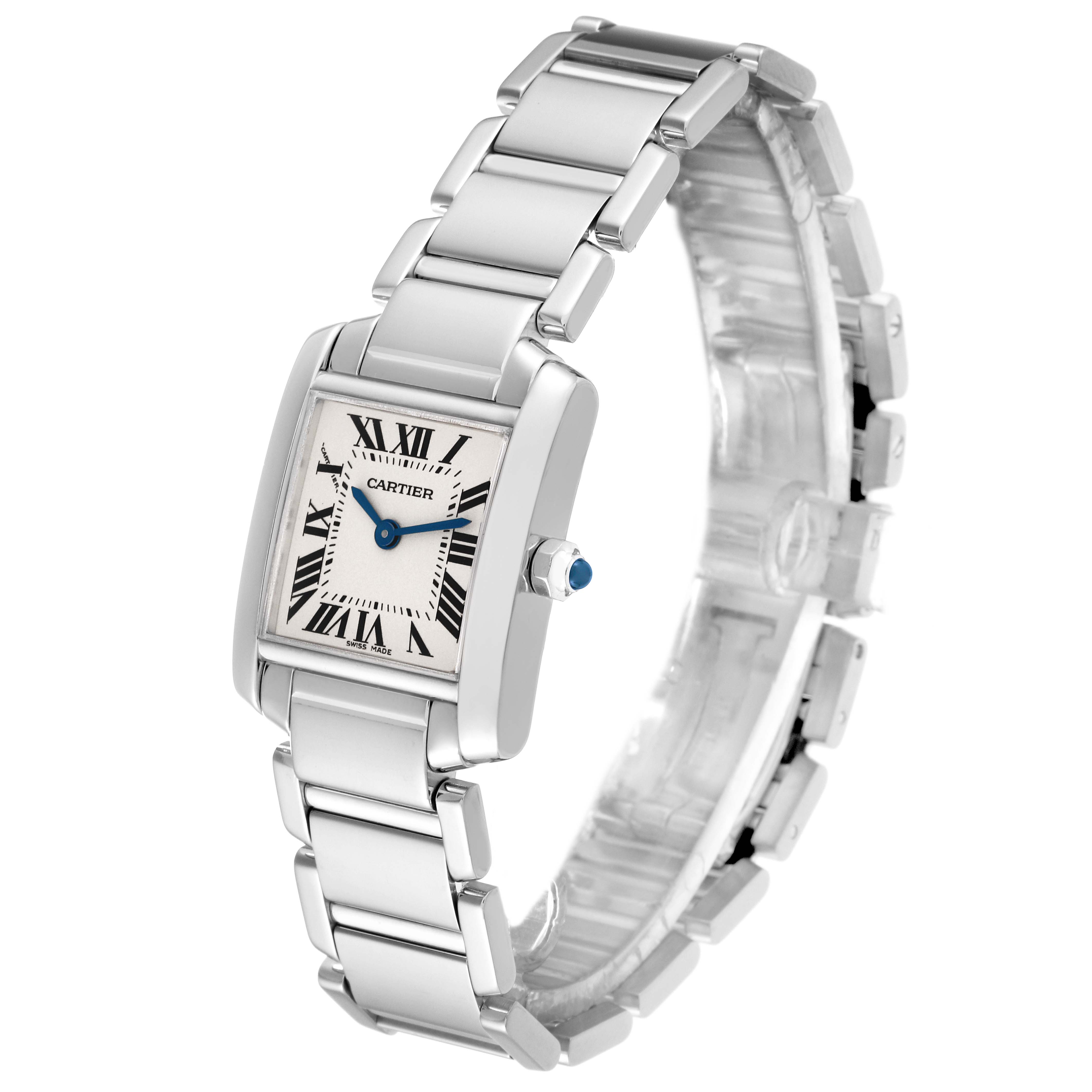 The image shows a Cartier Tank Francaise W50012S3 Women's White Gold Silver Dial W50012S3 Women's White Gold Silver Dial watch from a front-side angle, highlighting the face and stainless steel bracelet.
