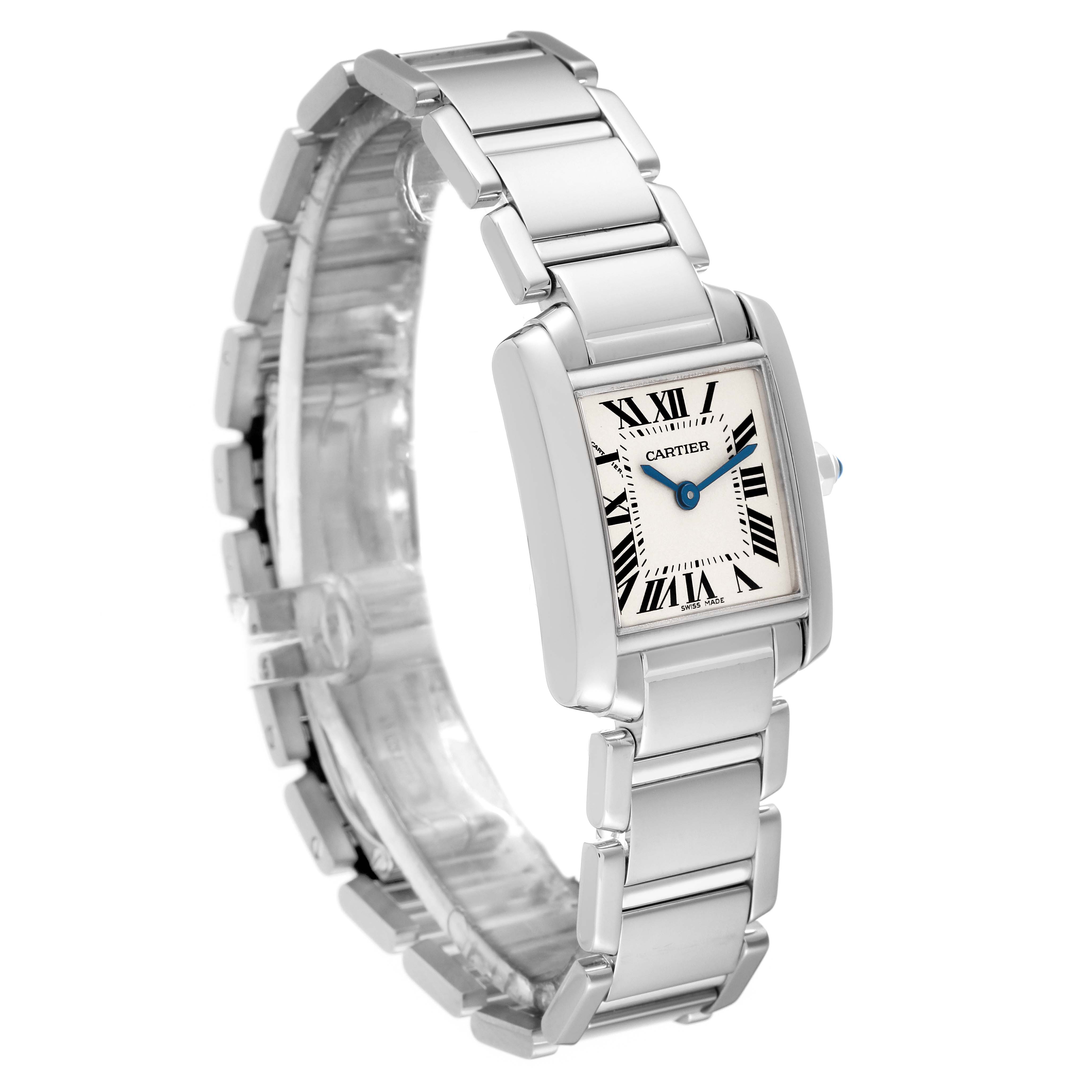The image shows a Cartier Tank Francaise W50012S3 Women's White Gold Silver Dial W50012S3 Women's White Gold Silver Dial watch at an angled view, highlighting its rectangular face and linked metal bracelet.