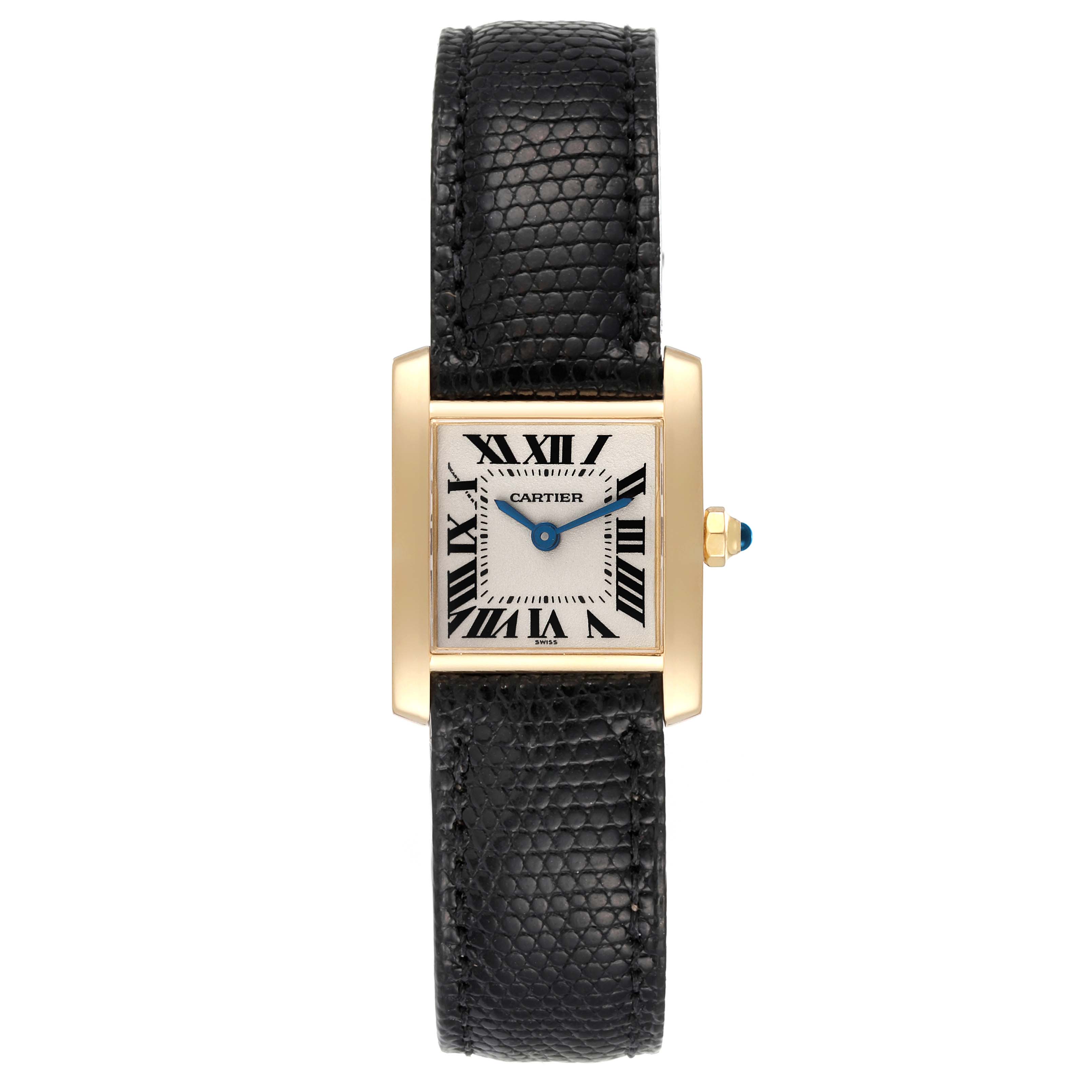 The image shows a Cartier Tank Francaise W5000256 Women's Yellow Gold Silver Dial W5000256 Women's Yellow Gold Silver Dial watch from a front angle, highlighting its dial, Roman numeral markers, and black leather strap.