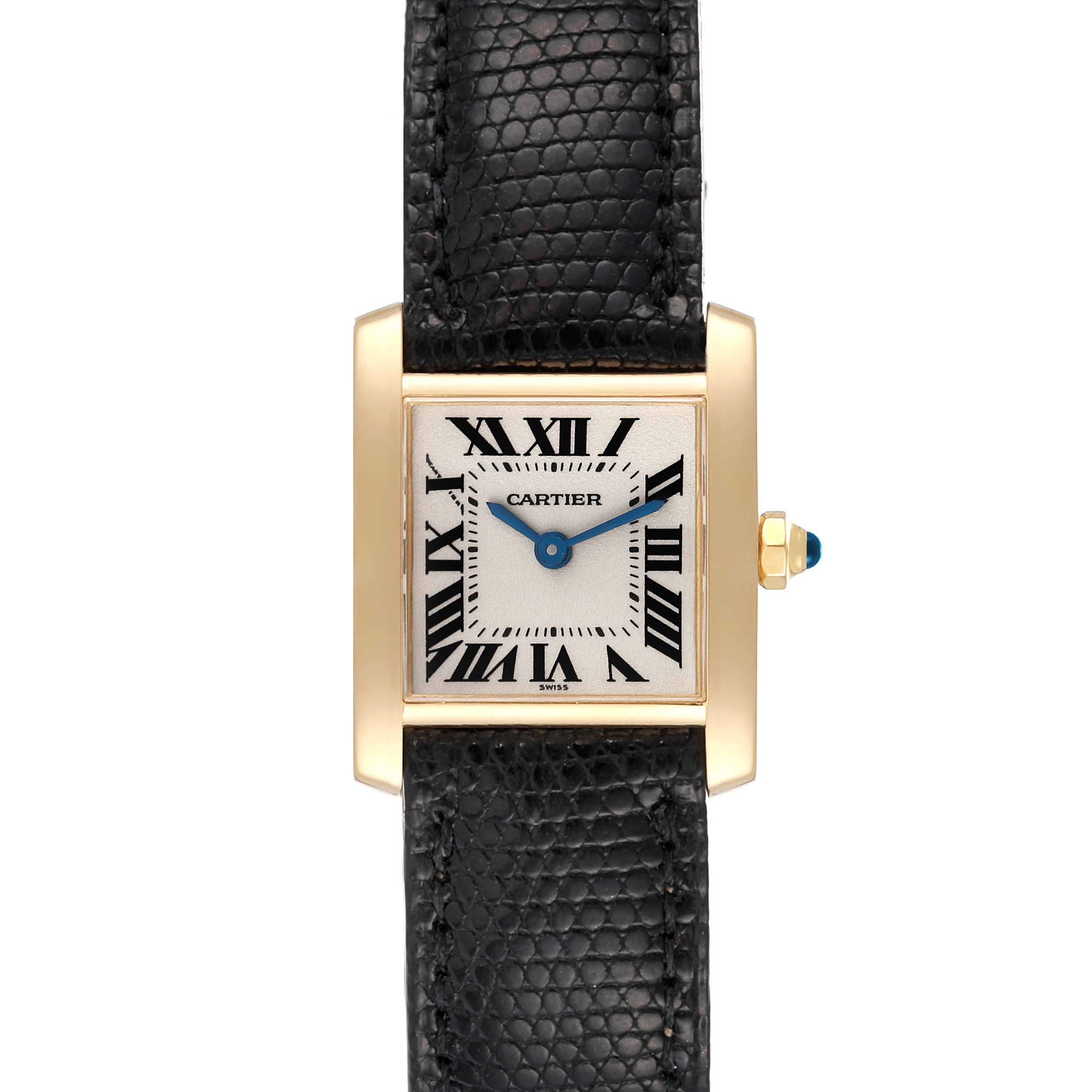 This image shows a front view of the Cartier Tank Francaise W5000256 Women's Yellow Gold Silver Dial W5000256 Women's Yellow Gold Silver Dial watch, highlighting its gold case, black leather strap, and Roman numeral dial.
