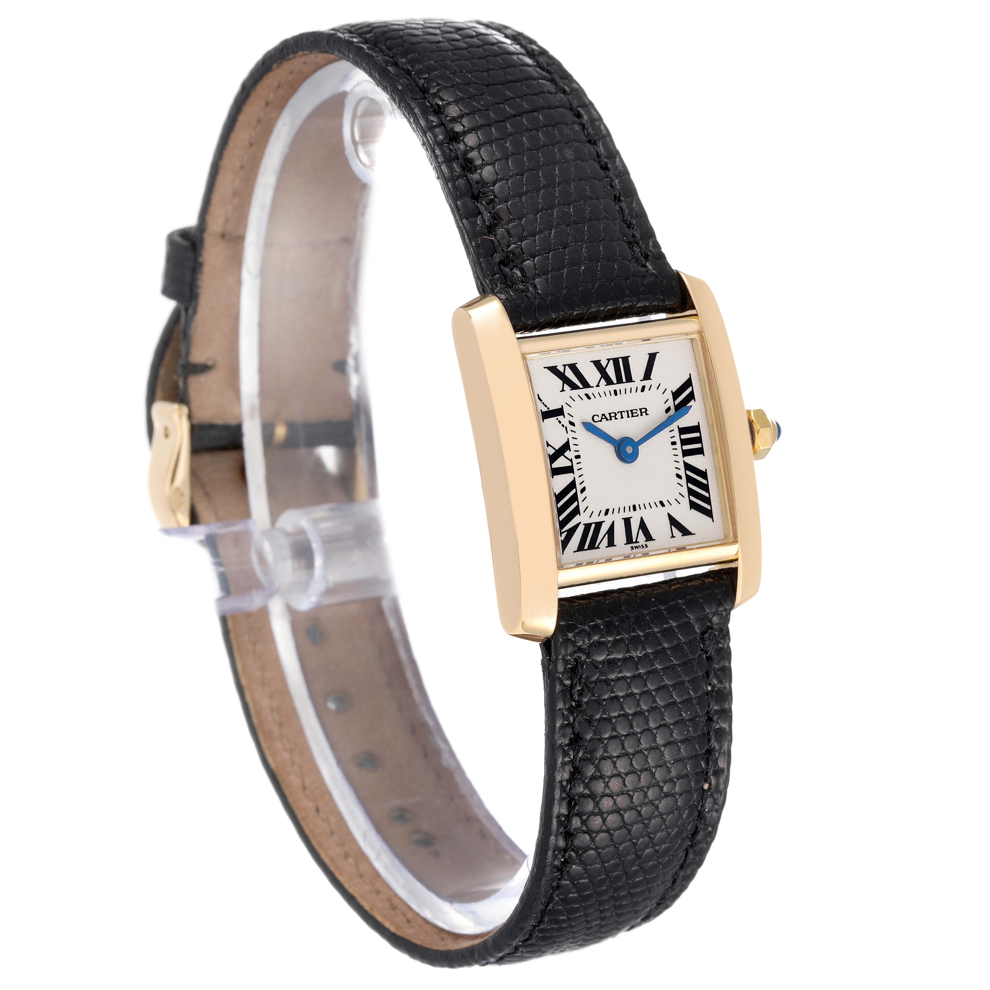 The image shows a Tank Francaise model by Cartier, angled to display the face, strap, and side profile.