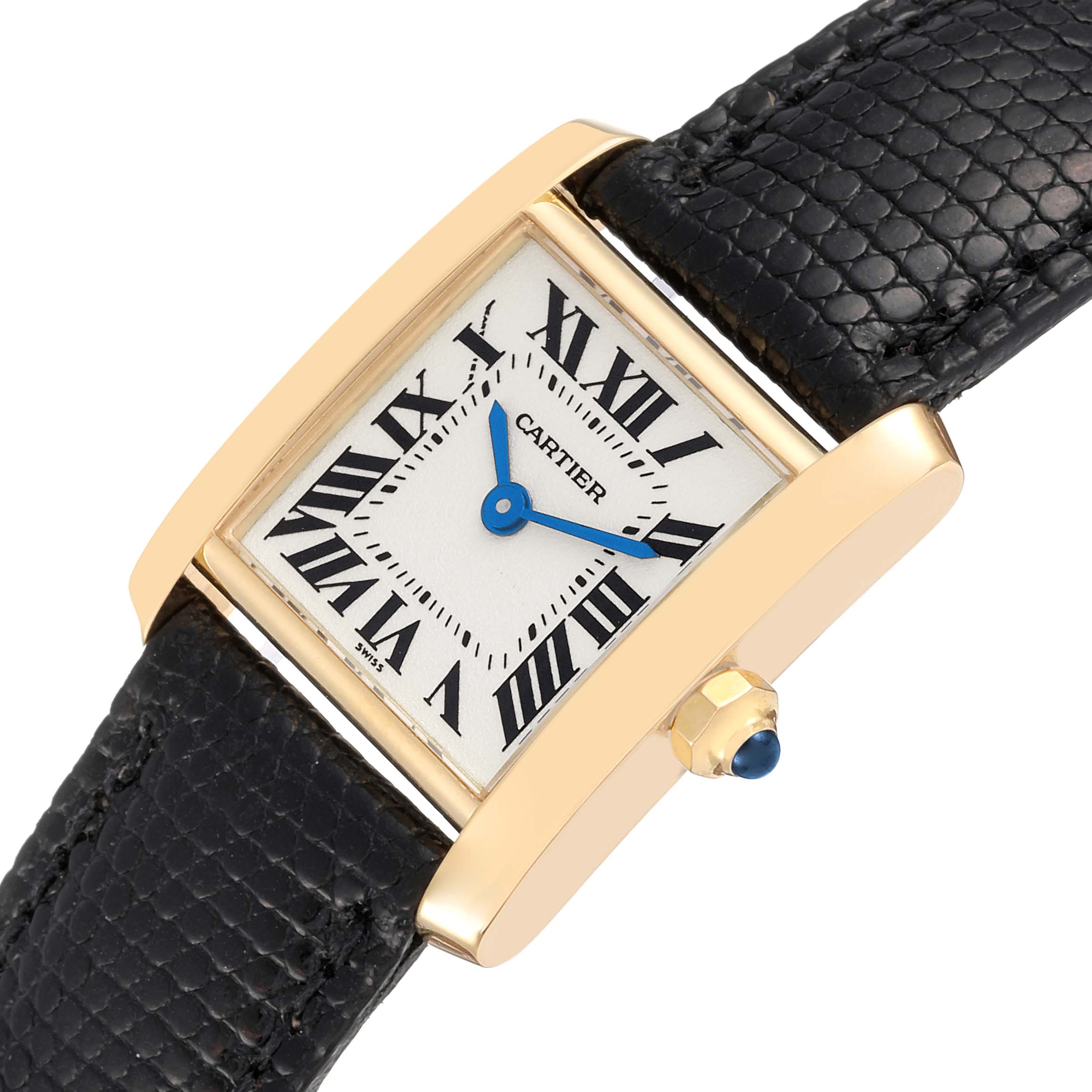 This image shows a Cartier Tank Française watch at an angled top-down view, highlighting its face, blue hands, Roman numerals, and leather strap.