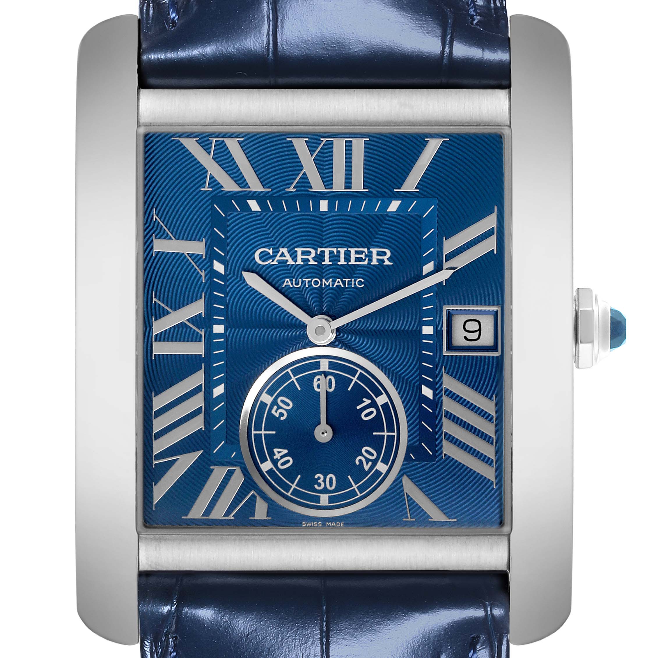 The Cartier Tank MC WSTA0010 Men's Stainless Steel Blue Dial WSTA0010 Men's Stainless Steel Blue Dial watch is shown from a top view, displaying the blue dial, Roman numerals, date window, and leather strap.