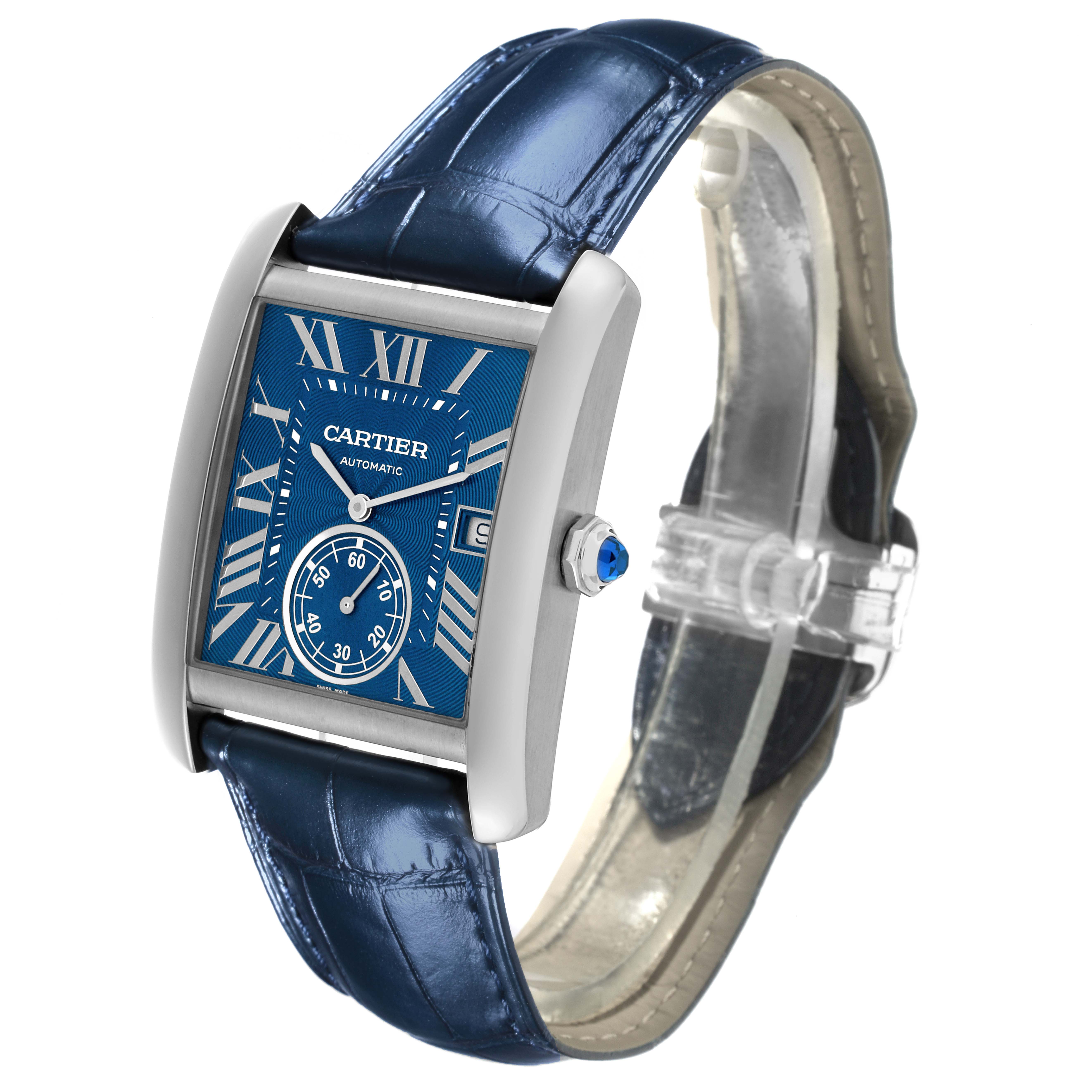 The Cartier Tank MC WSTA0010 Men's Stainless Steel Blue Dial WSTA0010 Men's Stainless Steel Blue Dial watch is shown at an angle highlighting the blue dial, Roman numerals, and leather strap.