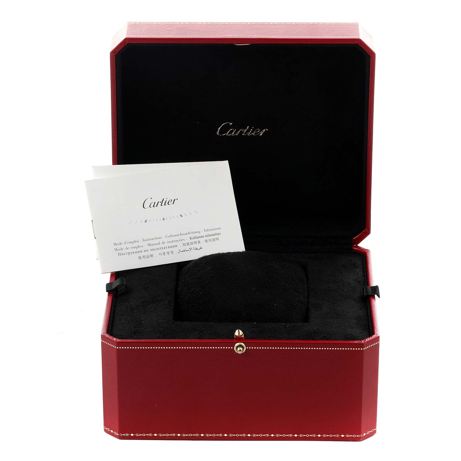 The image shows an open Cartier Tank MC WSTA0010 Men's Stainless Steel Blue Dial WSTA0010 Men's Stainless Steel Blue Dial watch box with documentation, showcasing the interior and brand logo.