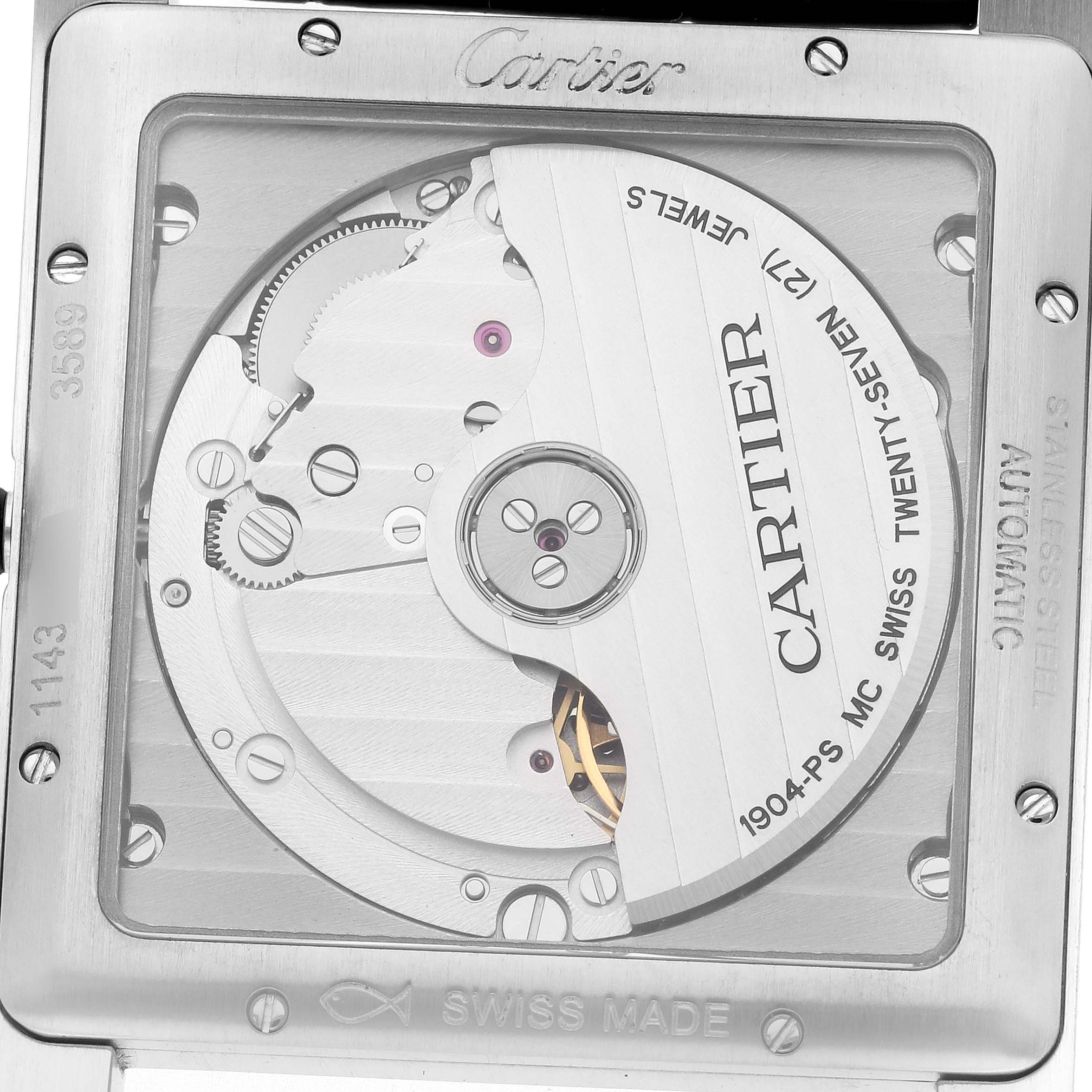 This image shows the back view of the Cartier Tank MC WSTA0010 Men's Stainless Steel Blue Dial WSTA0010 Men's Stainless Steel Blue Dial watch, highlighting the inner mechanical movement.