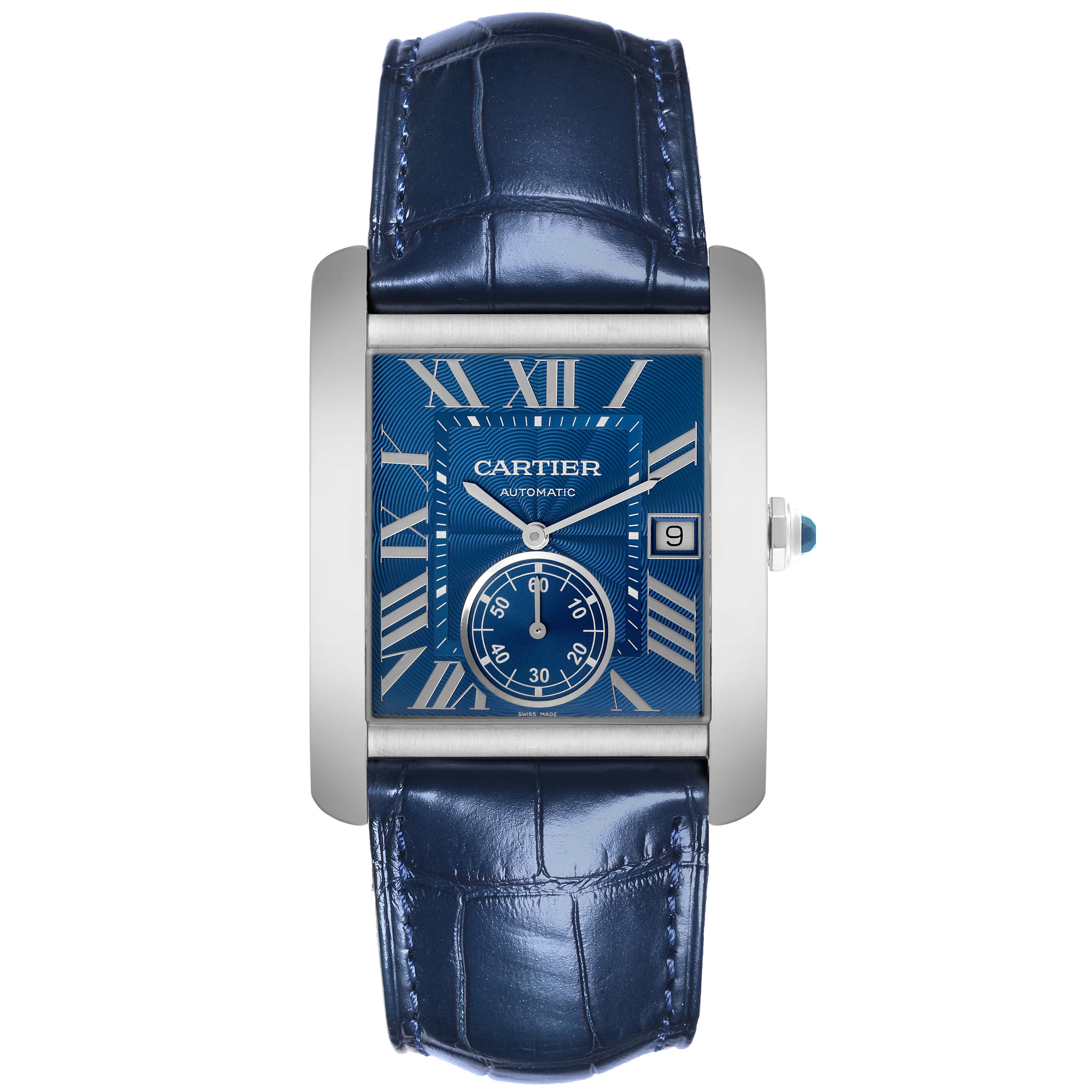 The Cartier Tank MC WSTA0010 Men's Stainless Steel Blue Dial WSTA0010 Men's Stainless Steel Blue Dial watch is shown from a front angle, displaying the face, blue strap, and crown detail.