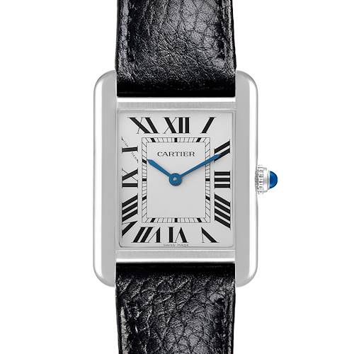 The Cartier Tank Solo watch is shown from the front, displaying the dial, Roman numerals, and black leather strap.