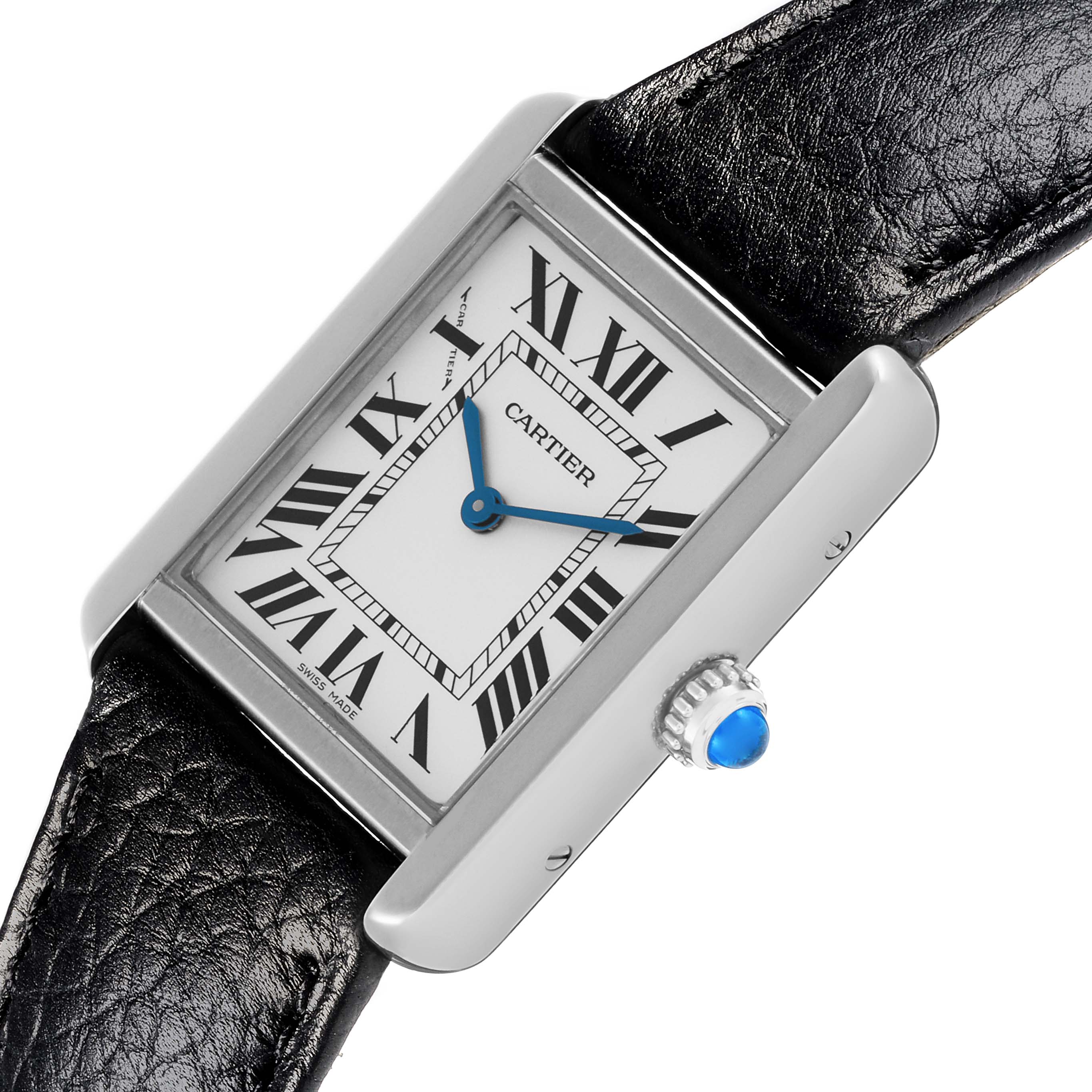 The Cartier Tank Solo W5200005 Women's Stainless Steel Silver Dial W5200005 Women's Stainless Steel Silver Dial watch is shown at a tilted angle displaying the face, Roman numeral dial, and part of the leather strap.