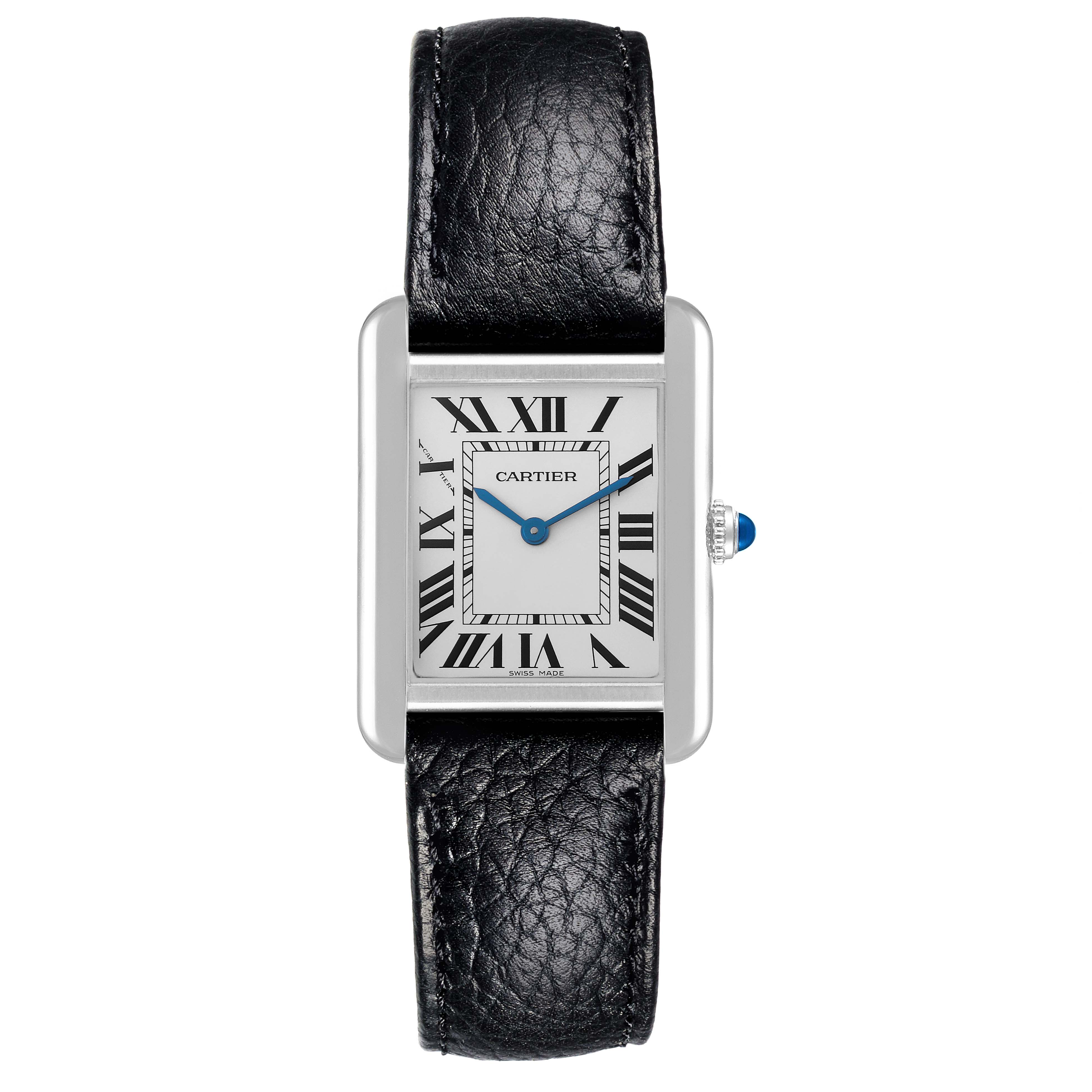 The Cartier Tank Solo W5200005 Women's Stainless Steel Silver Dial W5200005 Women's Stainless Steel Silver Dial watch is shown from a top-down angle, highlighting its rectangular face, Roman numerals, and black leather strap.