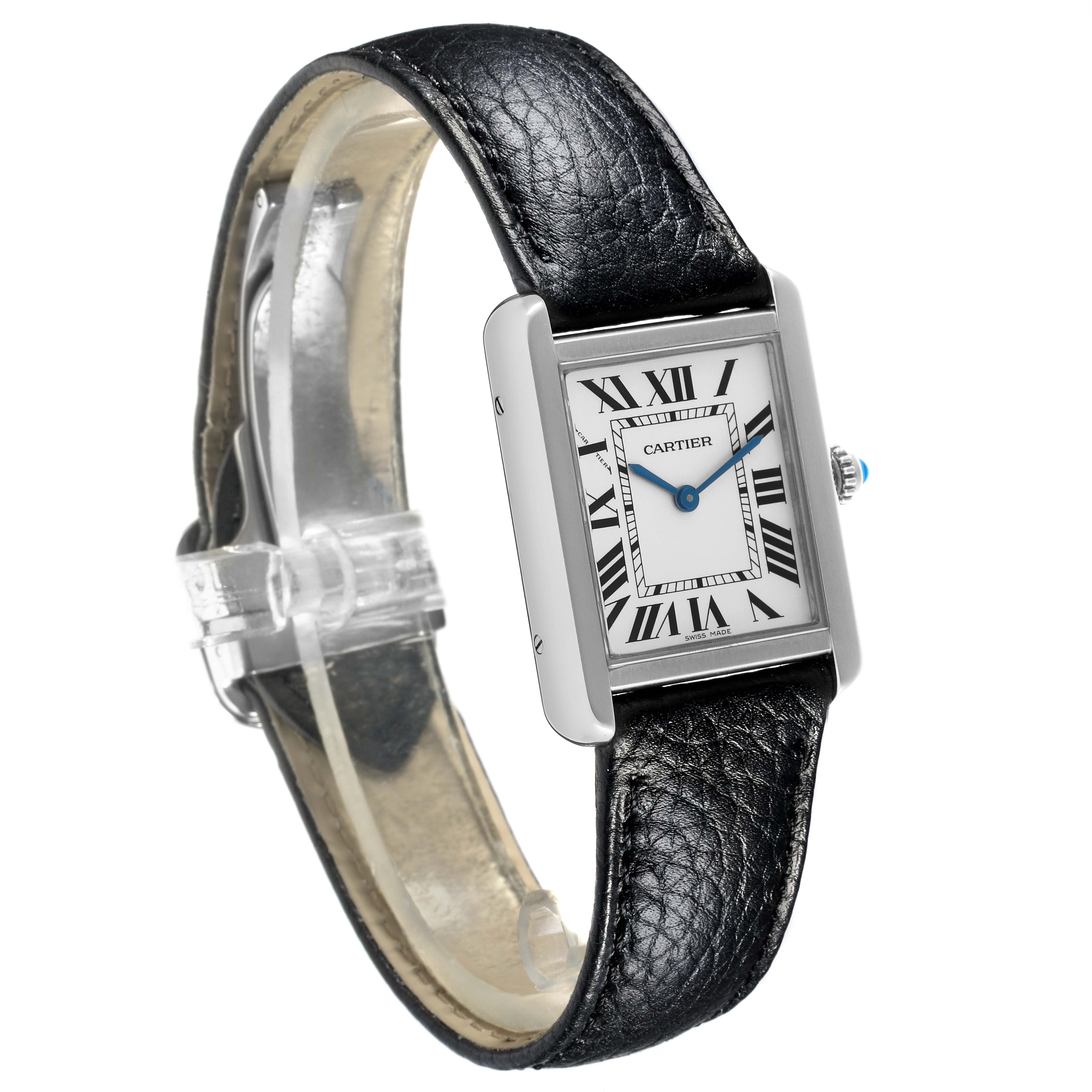 The Cartier Tank Solo W5200005 Women's Stainless Steel Silver Dial W5200005 Women's Stainless Steel Silver Dial watch is shown at an oblique angle, highlighting the face, Roman numerals, case, and leather strap.