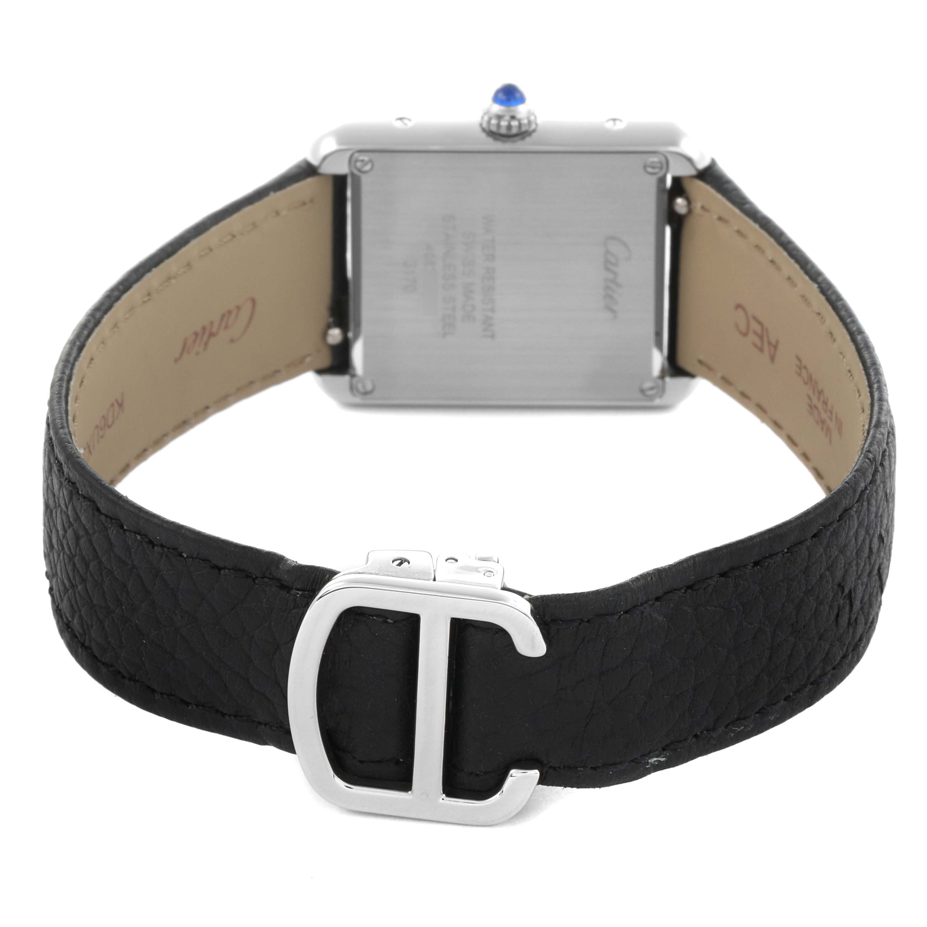 The image shows the back of a Cartier Tank Solo W5200005 Women's Stainless Steel Silver Dial W5200005 Women's Stainless Steel Silver Dial watch, highlighting the case back and leather strap with a buckle.