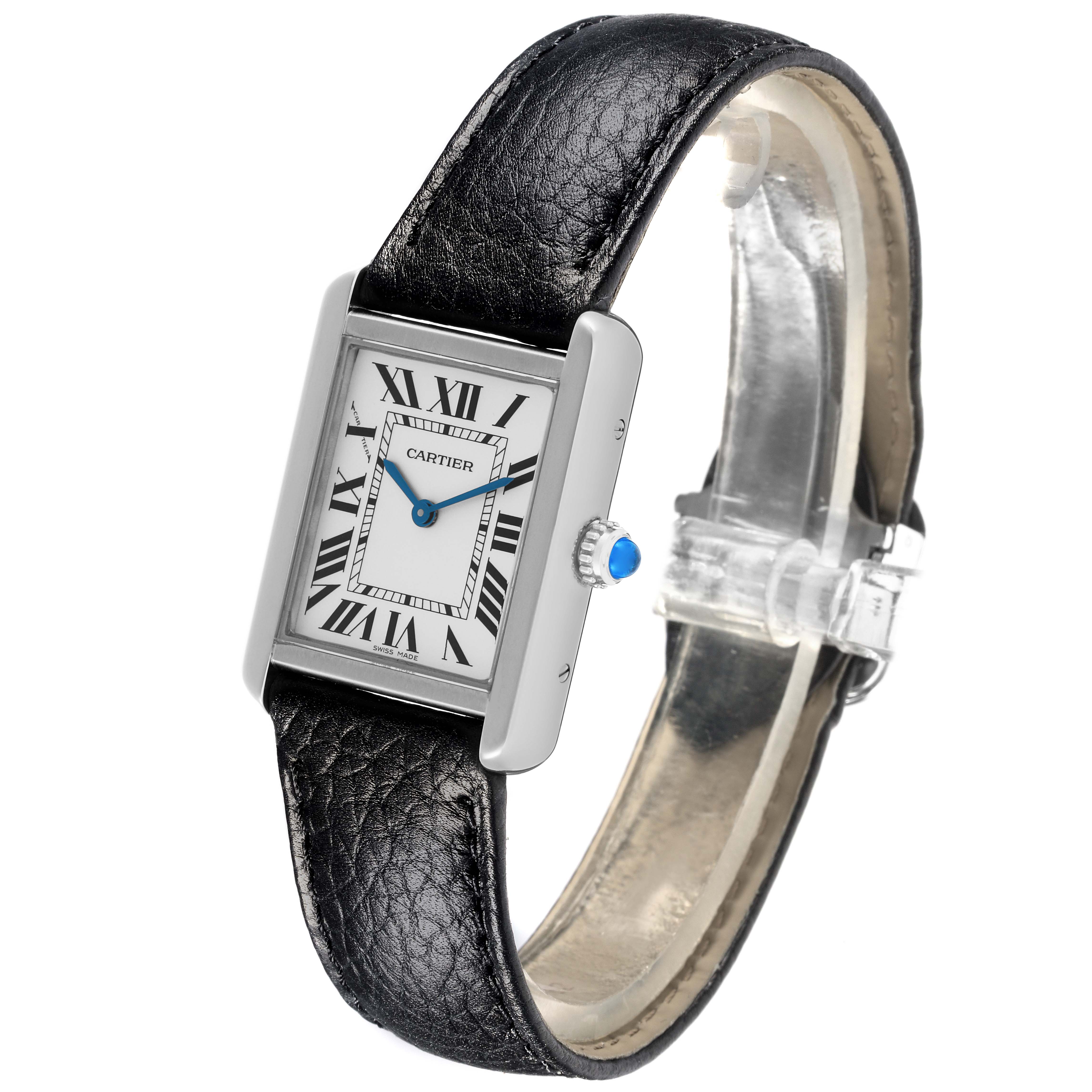 The Cartier Tank Solo W5200005 Women's Stainless Steel Silver Dial W5200005 Women's Stainless Steel Silver Dial watch is shown at a slight angle, displaying its rectangular face, blue hands, and black leather strap.