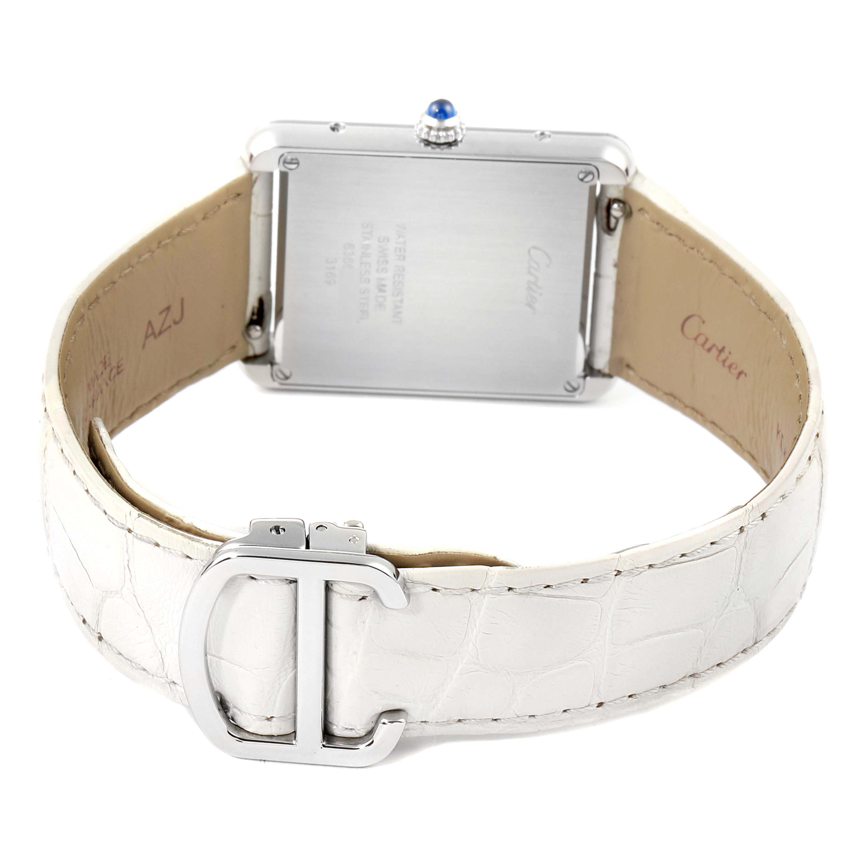 The image shows the back of the Cartier Tank Solo W1018355 Men
s Stainless Steel Silver Dial W1018355 Men
s Stainless Steel Silver Dial watch, highlighting its leather strap and buckle, along with the case back and crown.