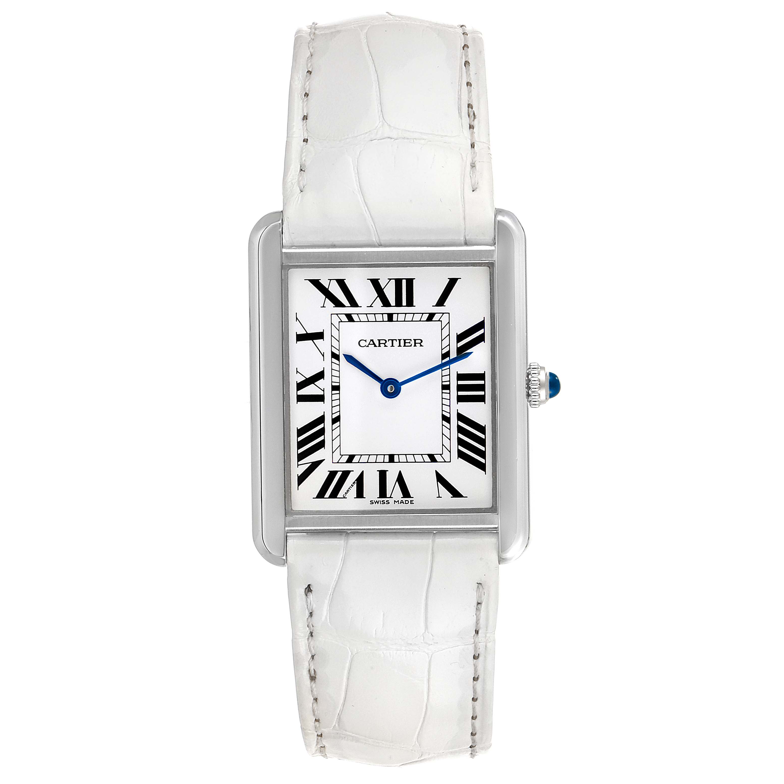 This Tank Solo model by Cartier is shown from the front, displaying its white dial, Roman numerals, and white leather strap.
