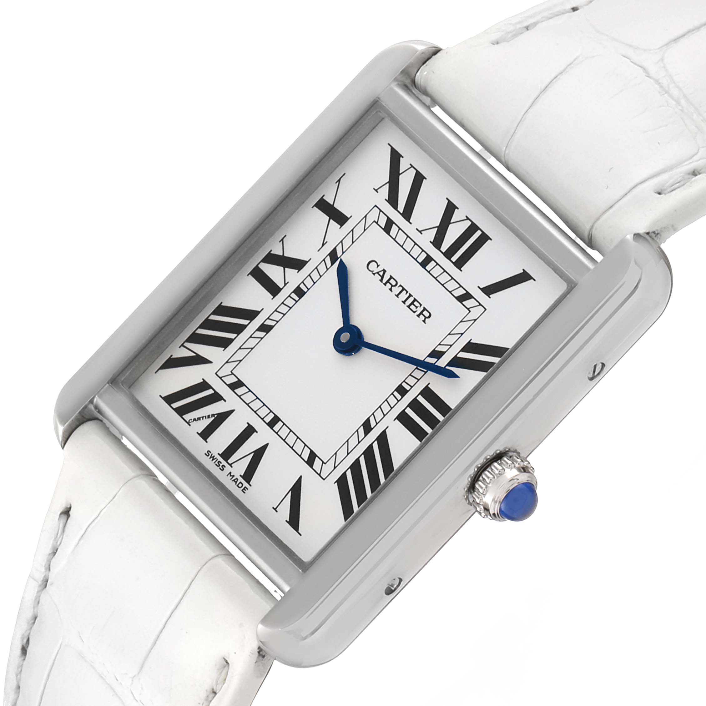 The image shows the Cartier Tank Solo W1018355 Men
s Stainless Steel Silver Dial W1018355 Men
s Stainless Steel Silver Dial watch from an angled top-down view, displaying the face, crown, and a portion of the strap.