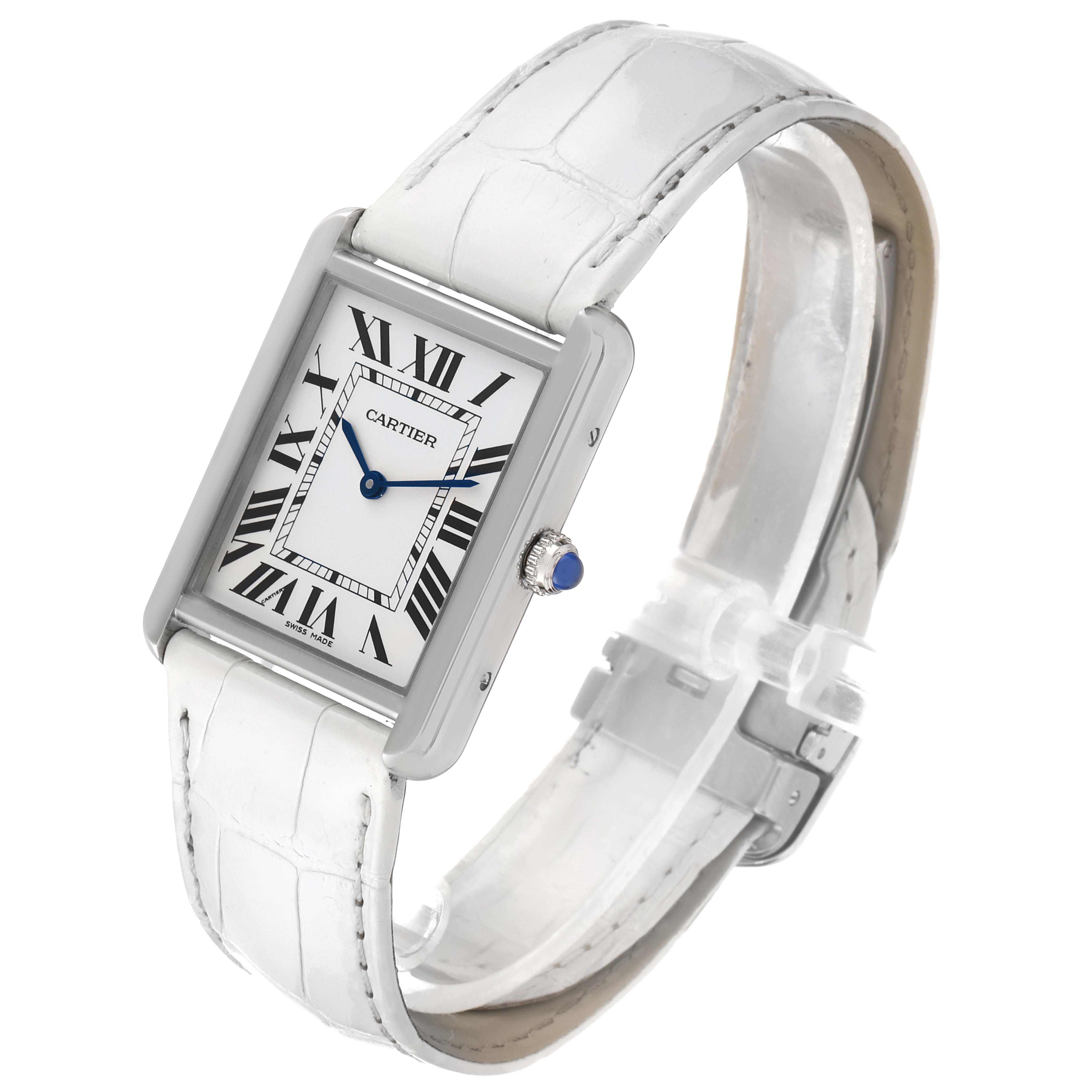 This image shows the Cartier Tank Solo W1018355 Men
s Stainless Steel Silver Dial W1018355 Men
s Stainless Steel Silver Dial watch at an oblique angle, highlighting its face, strap, and crown.