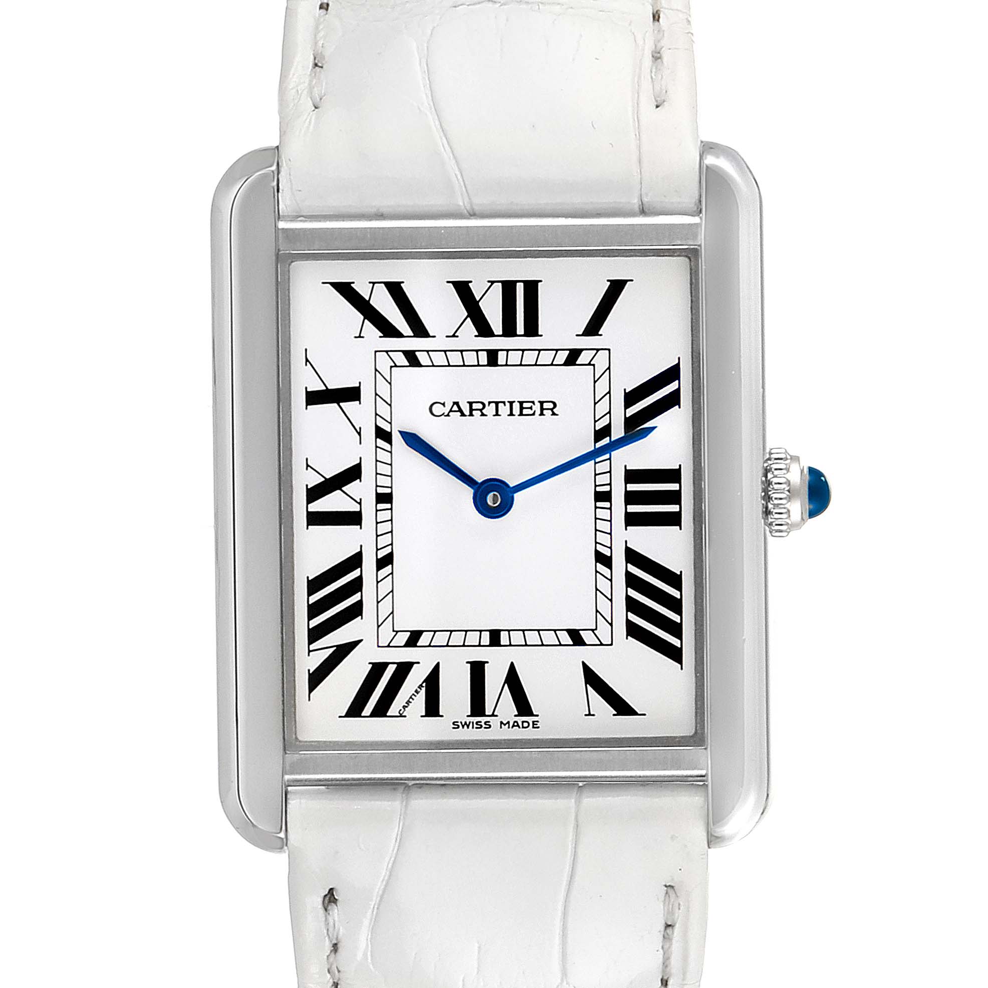The image shows a frontal view of the Cartier Tank Solo W1018355 Men
s Stainless Steel Silver Dial W1018355 Men
s Stainless Steel Silver Dial watch, displaying its face, Roman numeral markers, and a white leather strap.