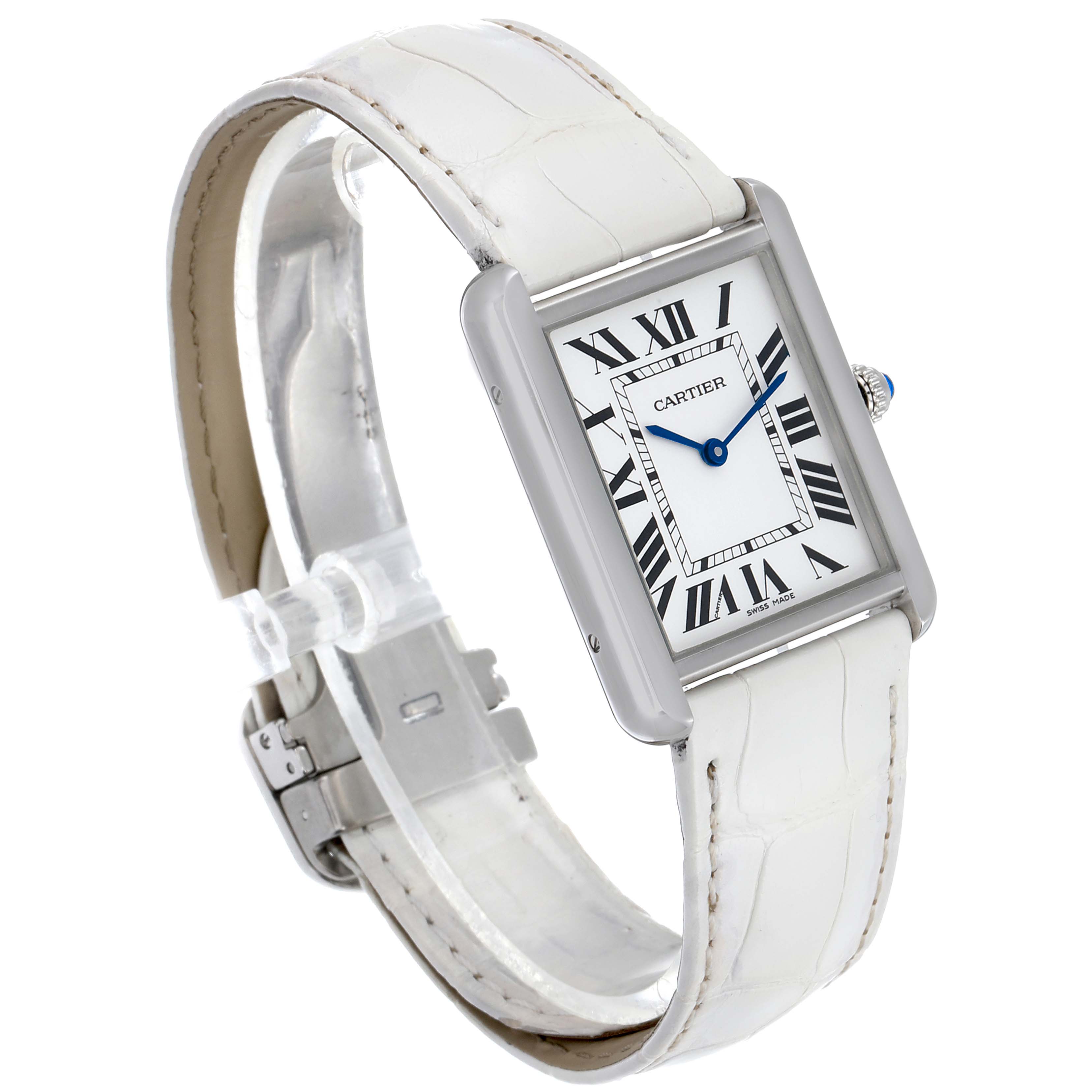 The Cartier Tank Solo W1018355 Men
s Stainless Steel Silver Dial W1018355 Men
s Stainless Steel Silver Dial watch is shown at a slight angle, displaying the rectangular face, Roman numeral dial, and white leather strap.