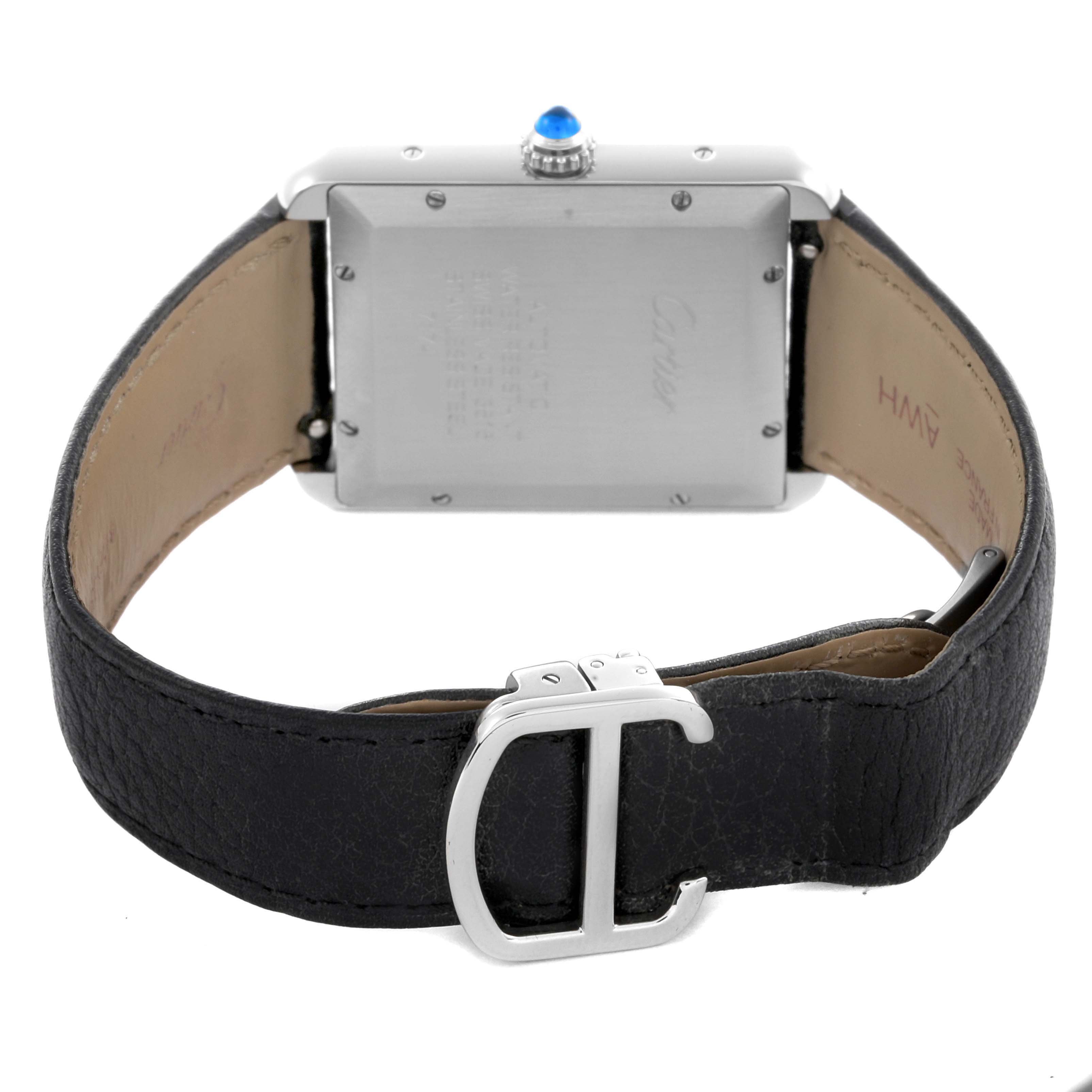 The image shows the back of the Cartier Tank Solo W5200027 Men's Stainless Steel Silver Dial W5200027 Men's Stainless Steel Silver Dial watch, highlighting the case, strap, and buckle.