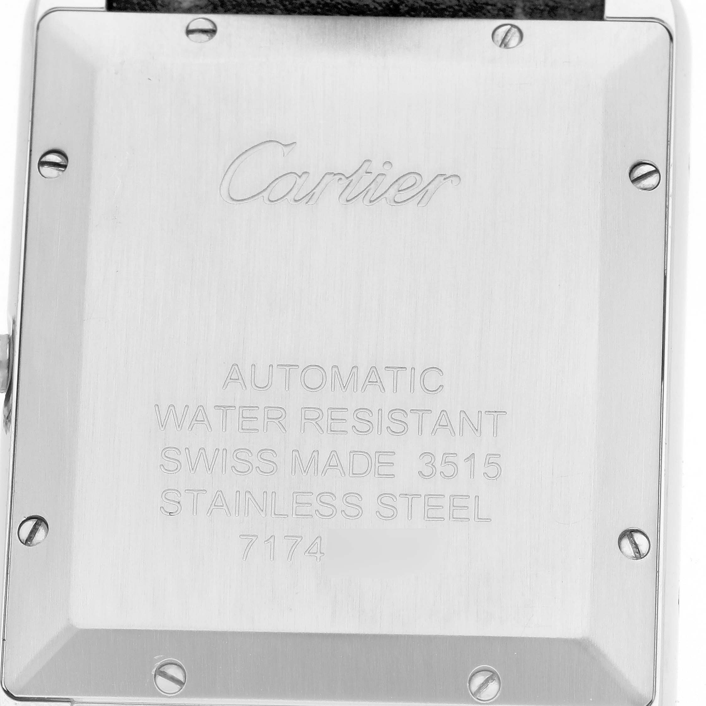 The image shows the back case of the Cartier Tank Solo W5200027 Men's Stainless Steel Silver Dial W5200027 Men's Stainless Steel Silver Dial watch, highlighting its engravings and screws.