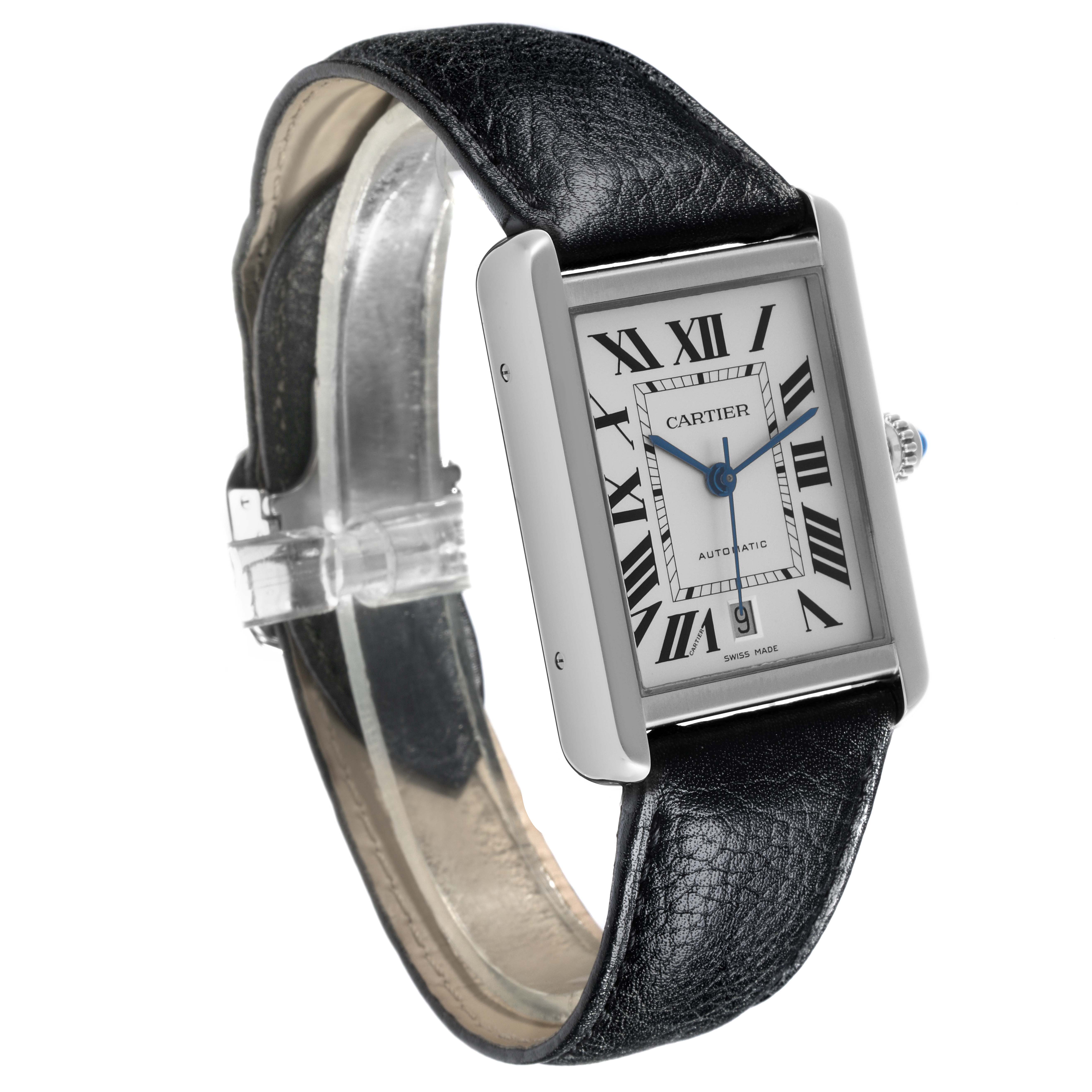 The Cartier Tank Solo W5200027 Men's Stainless Steel Silver Dial W5200027 Men's Stainless Steel Silver Dial watch is shown at a slight angle, displaying the face, case, strap, and crown.