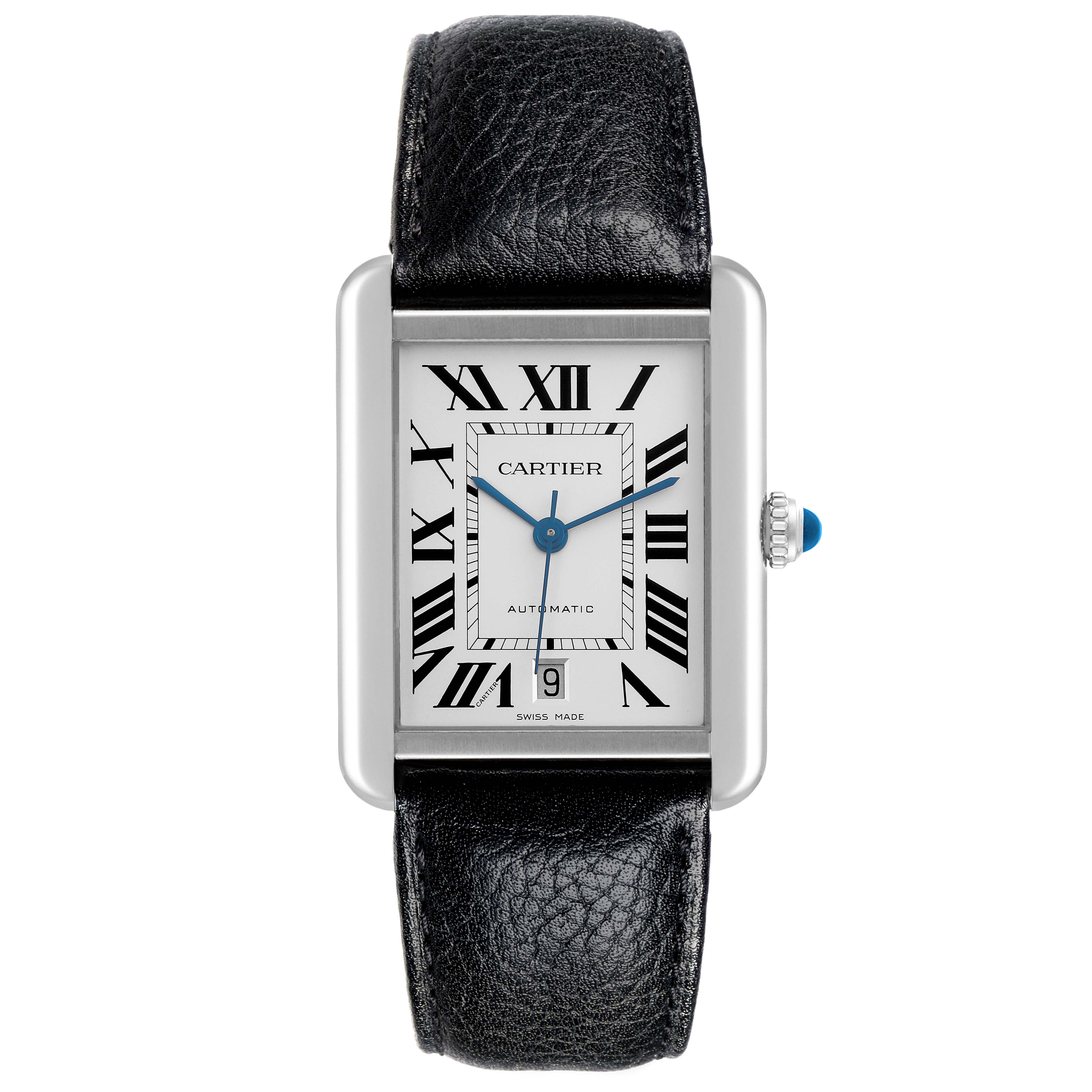 The Cartier Tank Solo W5200027 Men's Stainless Steel Silver Dial W5200027 Men's Stainless Steel Silver Dial watch is shown from a straight-on angle, highlighting the rectangular face, Roman numerals, crown, and leather strap.