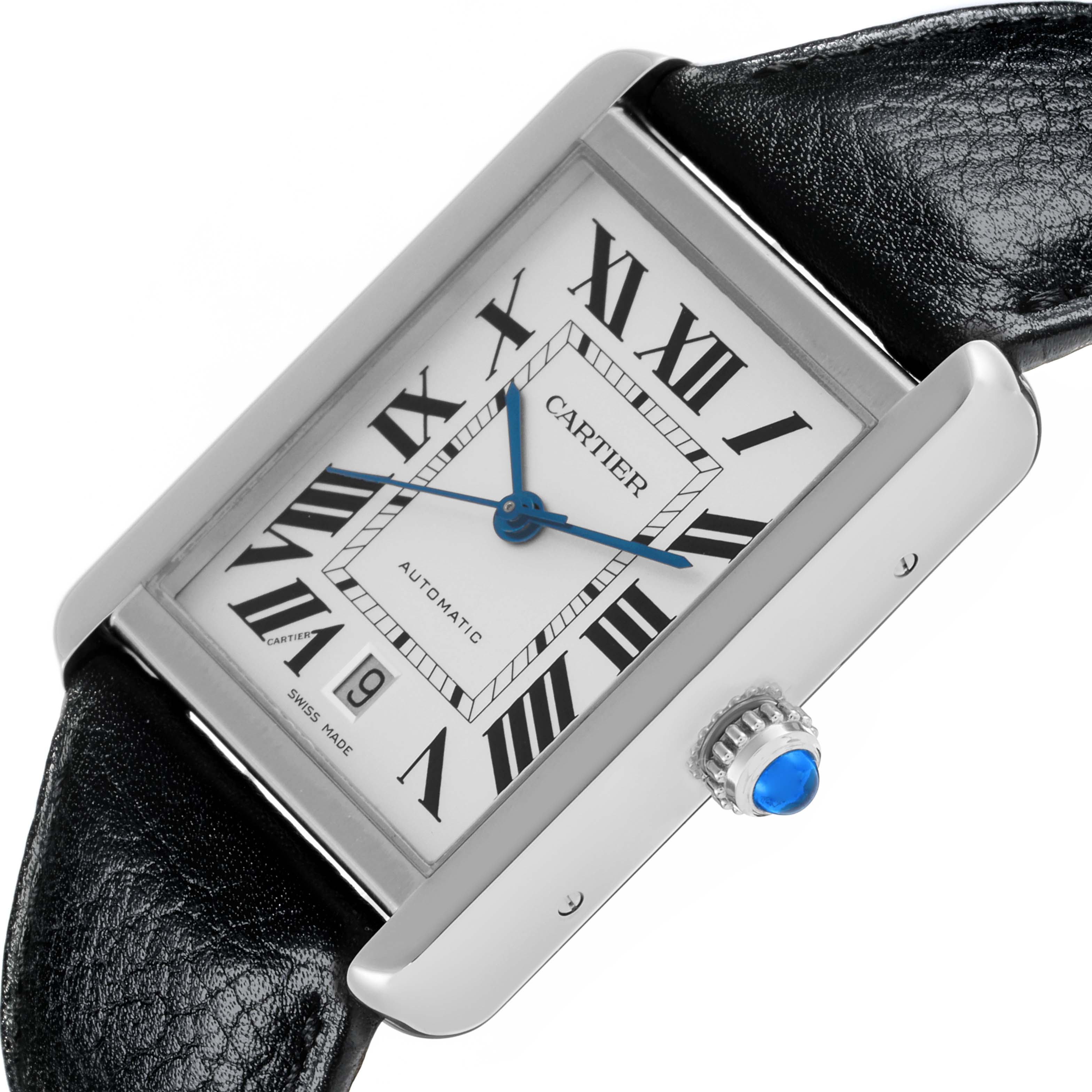 The Cartier Tank Solo W5200027 Men's Stainless Steel Silver Dial W5200027 Men's Stainless Steel Silver Dial watch is shown at an angled view highlighting the dial, crown, blue hands, and Roman numerals.