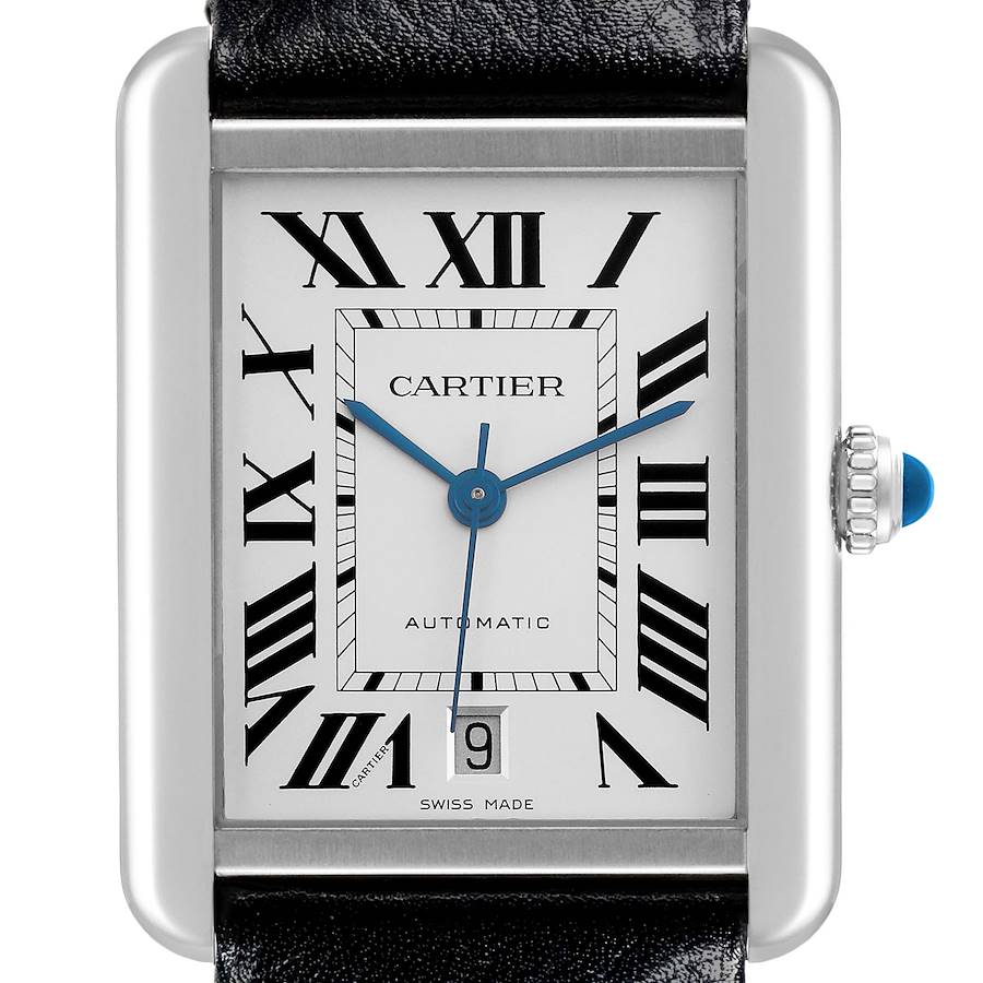 This Cartier Tank Solo watch is shown from a straight-on angle, displaying the face, hands, and part of the crown.