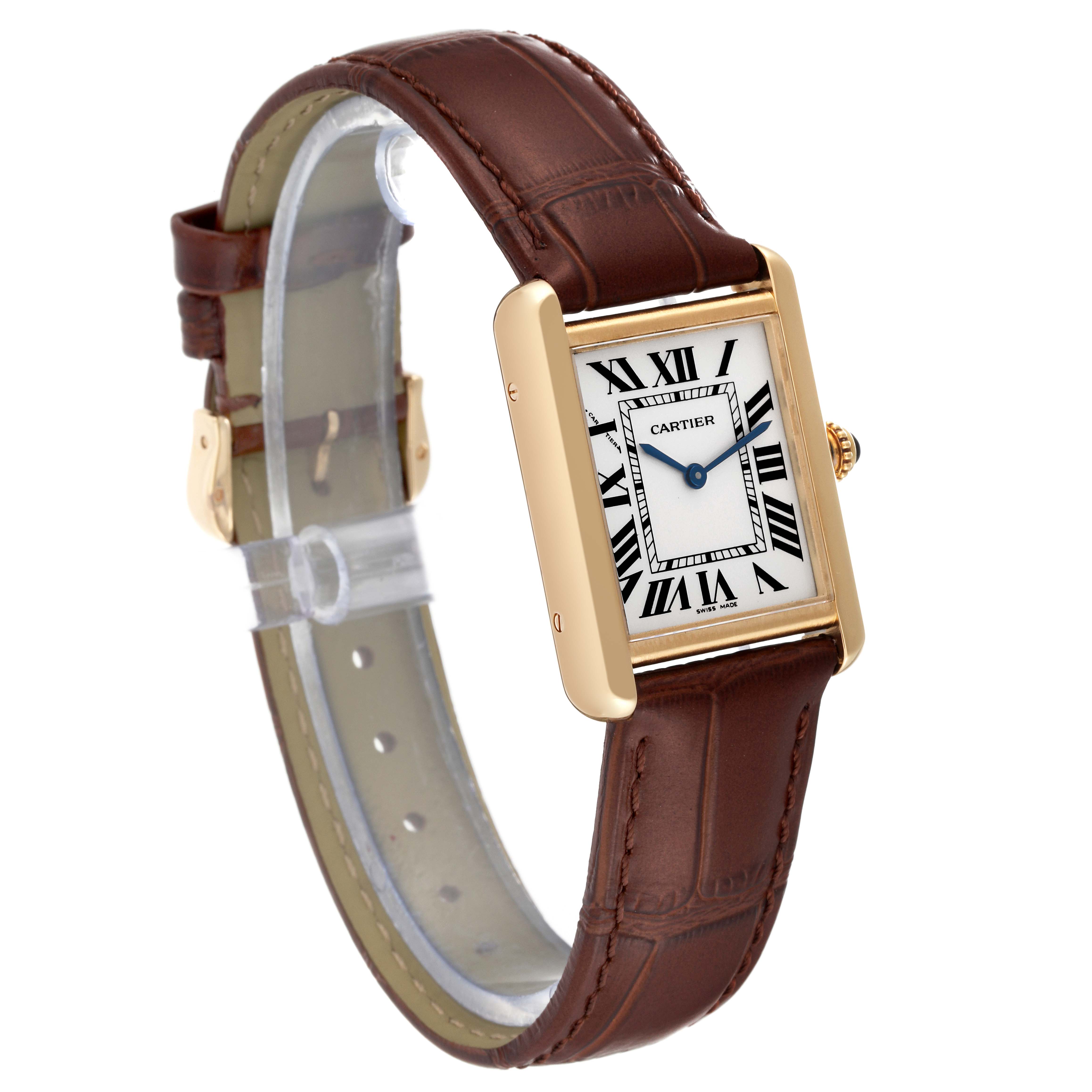 The Cartier Tank Solo W5200002 Women
s Steel and Gold (two tone) Silver Dial W5200002 Women
s Steel and Gold (two tone) Silver Dial watch is shown at a three-quarter angle, highlighting its face, brown leather strap, and gold rectangular case.