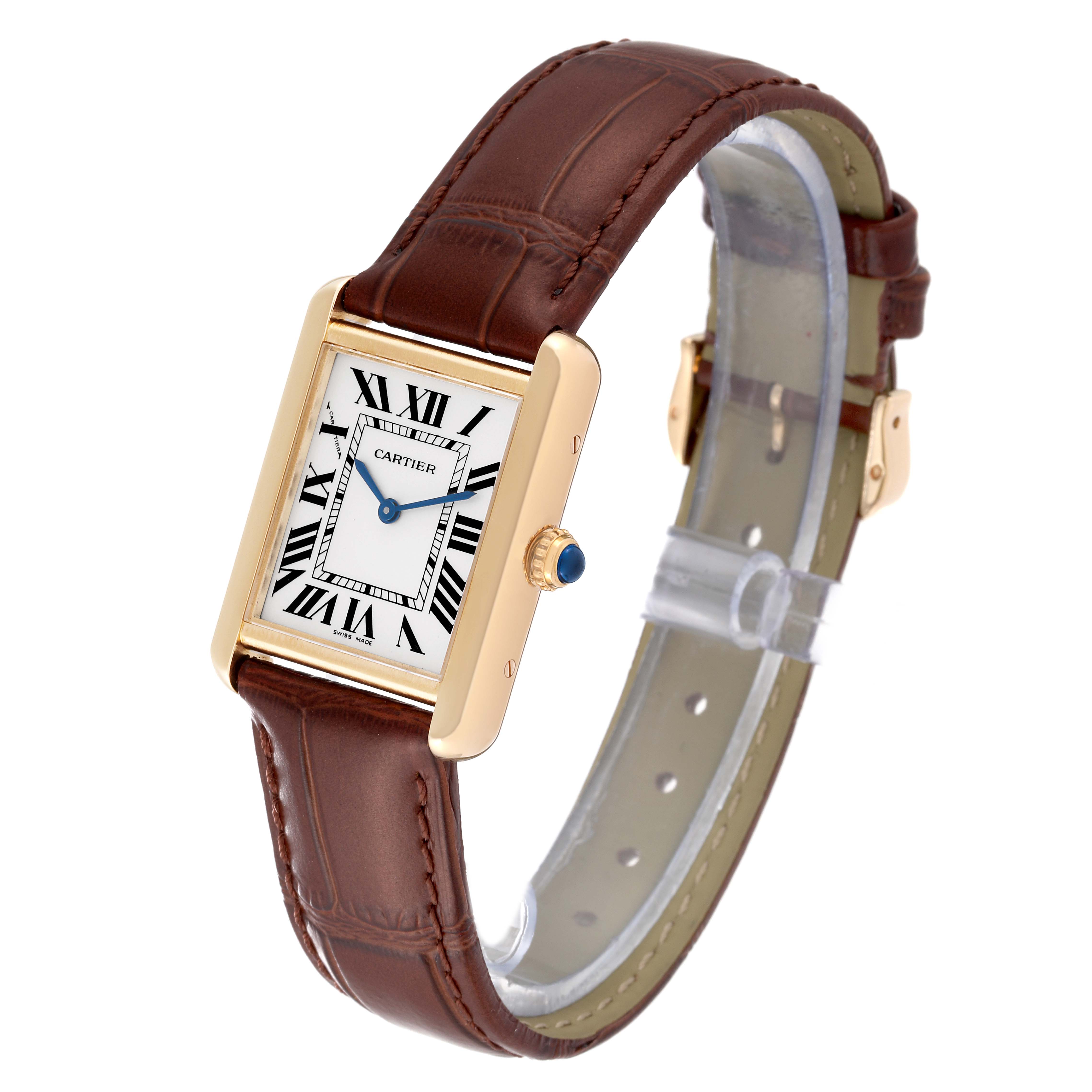 This image shows the Cartier Tank Solo W5200002 Women
s Steel and Gold (two tone) Silver Dial W5200002 Women
s Steel and Gold (two tone) Silver Dial watch from a three-quarter angle, highlighting the watch face, bezel, crown, and leather strap.