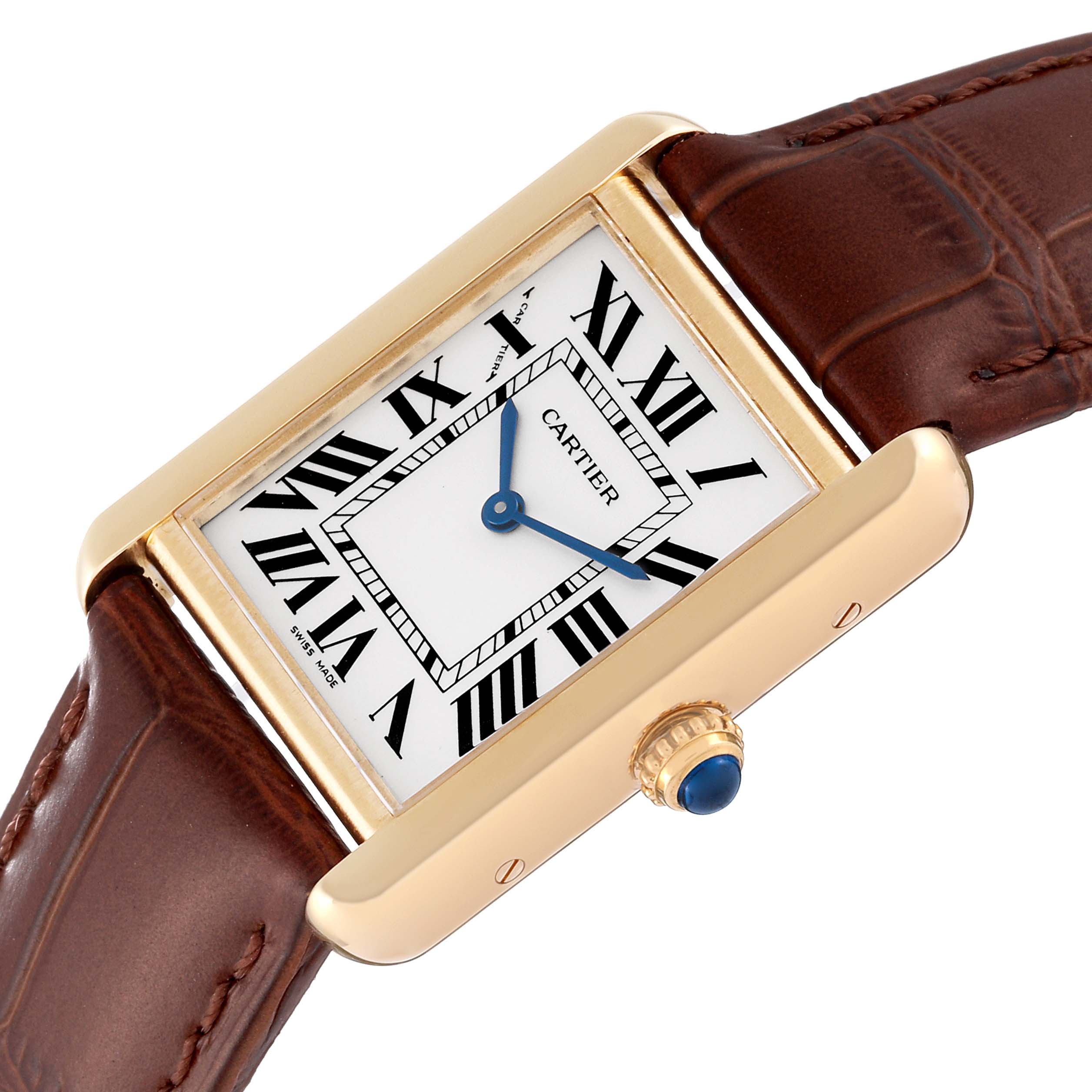 The image shows a close-up angle of the Cartier Tank Solo W5200002 Women
s Steel and Gold (two tone) Silver Dial W5200002 Women
s Steel and Gold (two tone) Silver Dial watch face and part of its brown leather strap.