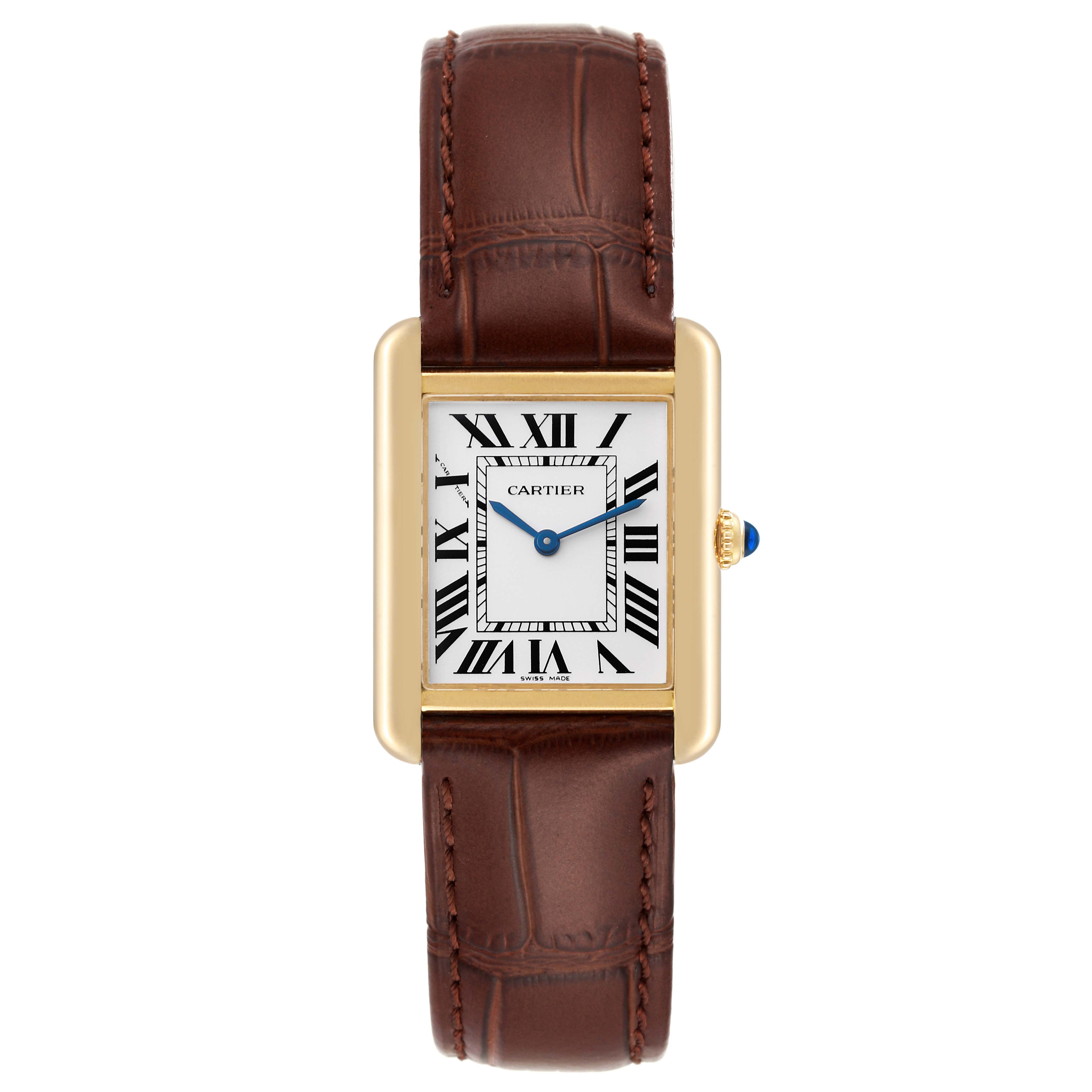 This image shows a front view of the Cartier Tank Solo W5200002 Women
s Steel and Gold (two tone) Silver Dial W5200002 Women
s Steel and Gold (two tone) Silver Dial watch, displaying its brown leather strap and rectangular gold case.