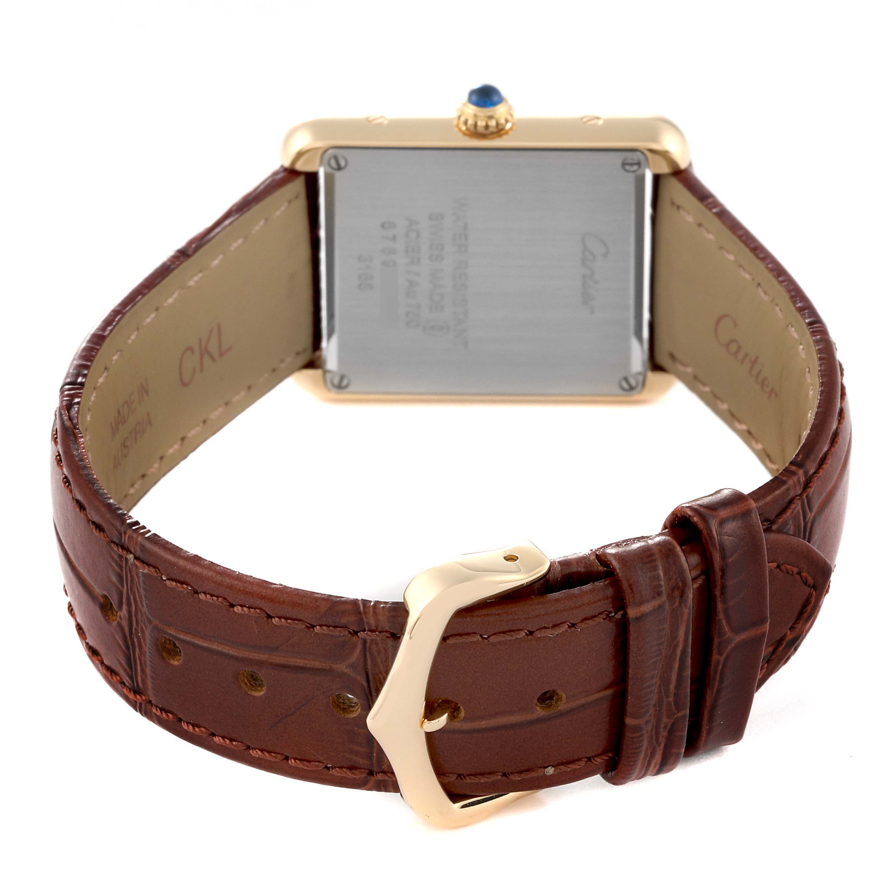 This image shows the back view of the Cartier Tank Solo W5200002 Women
s Steel and Gold (two tone) Silver Dial W5200002 Women
s Steel and Gold (two tone) Silver Dial watch, highlighting the case back and leather strap with buckle.