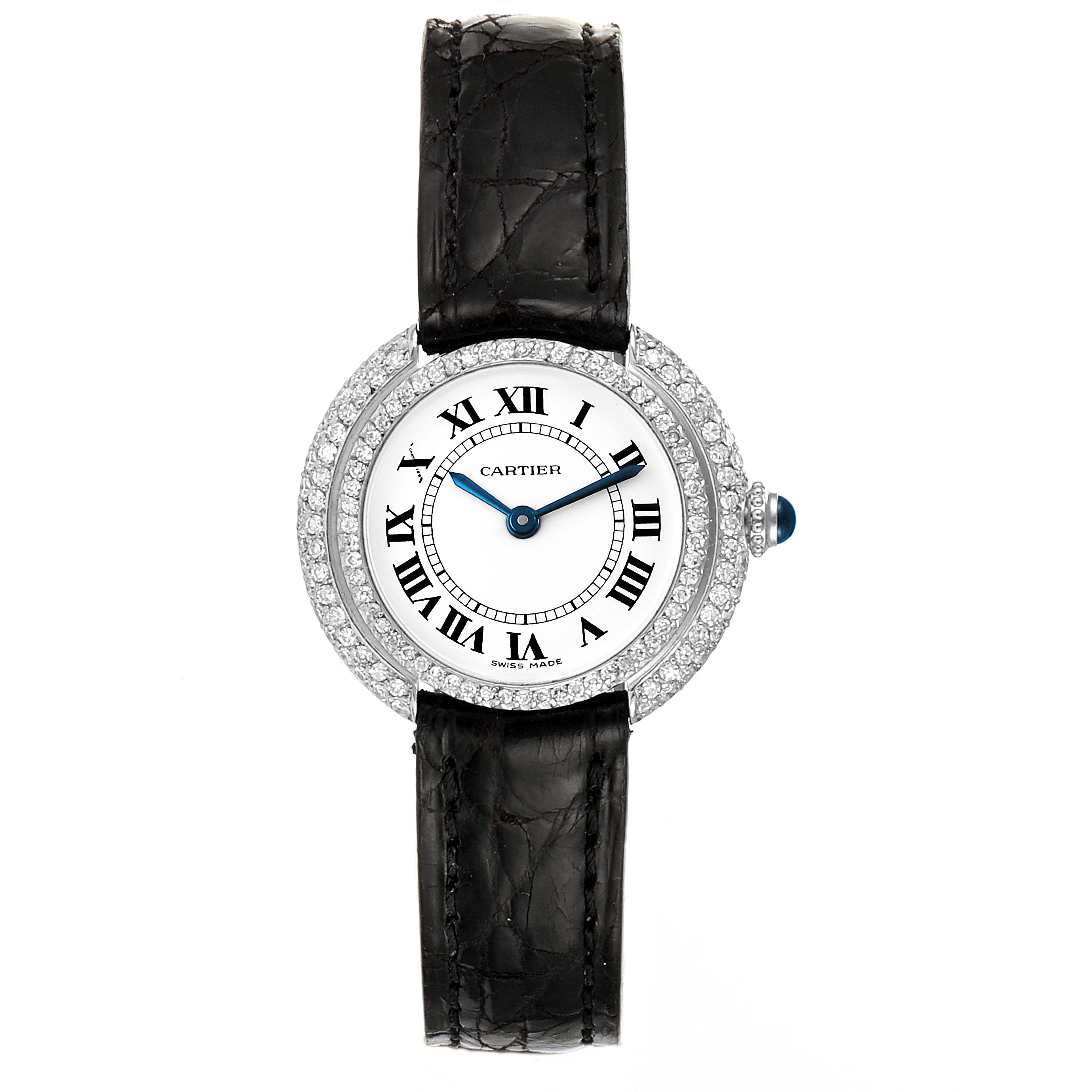 The image shows a Cartier Vendome W15071G8 Women's White Gold White Dial W15071G8 Women's White Gold White Dial model watch from a top-down view, highlighting its face, bezel, and black leather strap.