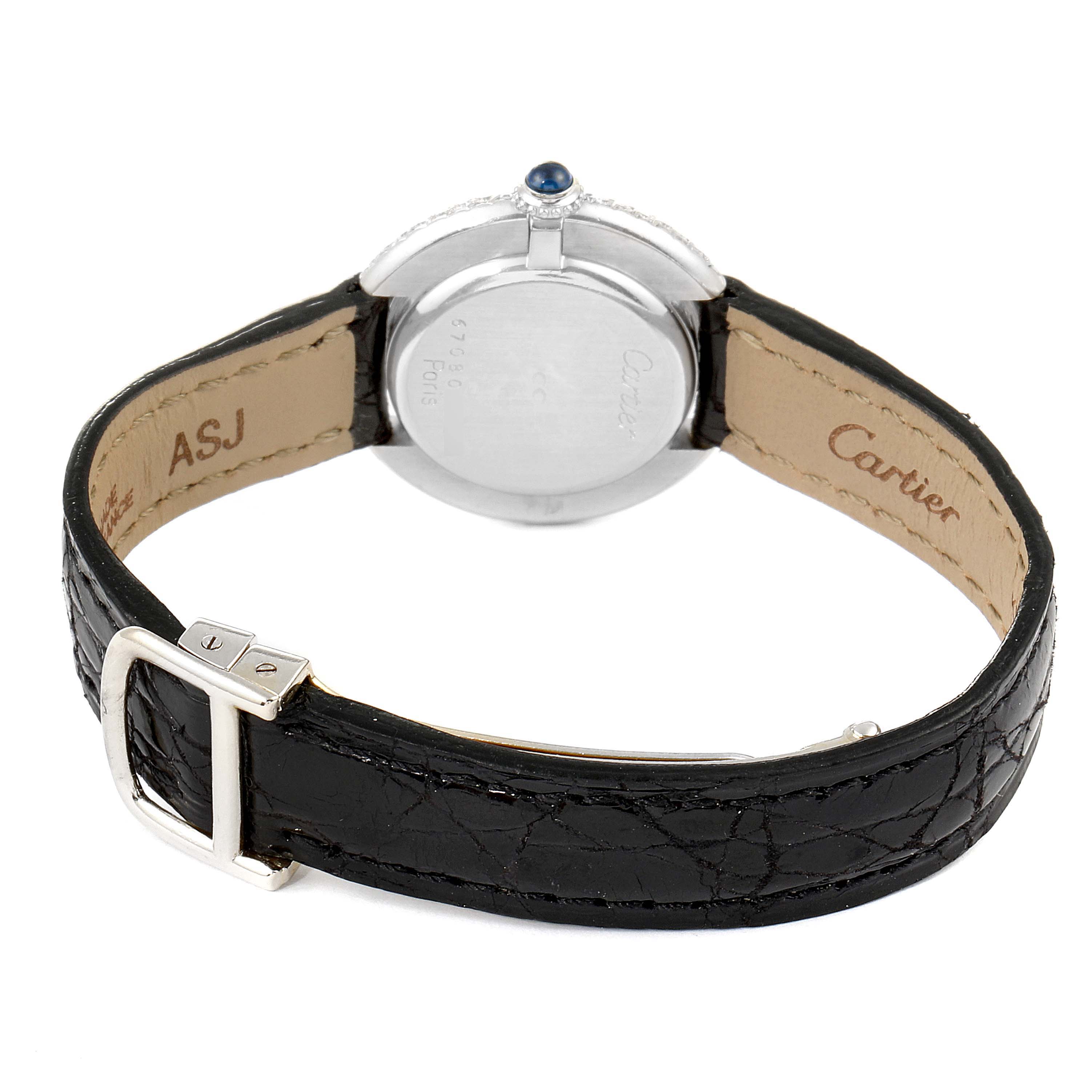 The image shows the back and side angle of the Vendome model by Cartier, highlighting the leather strap and buckle.