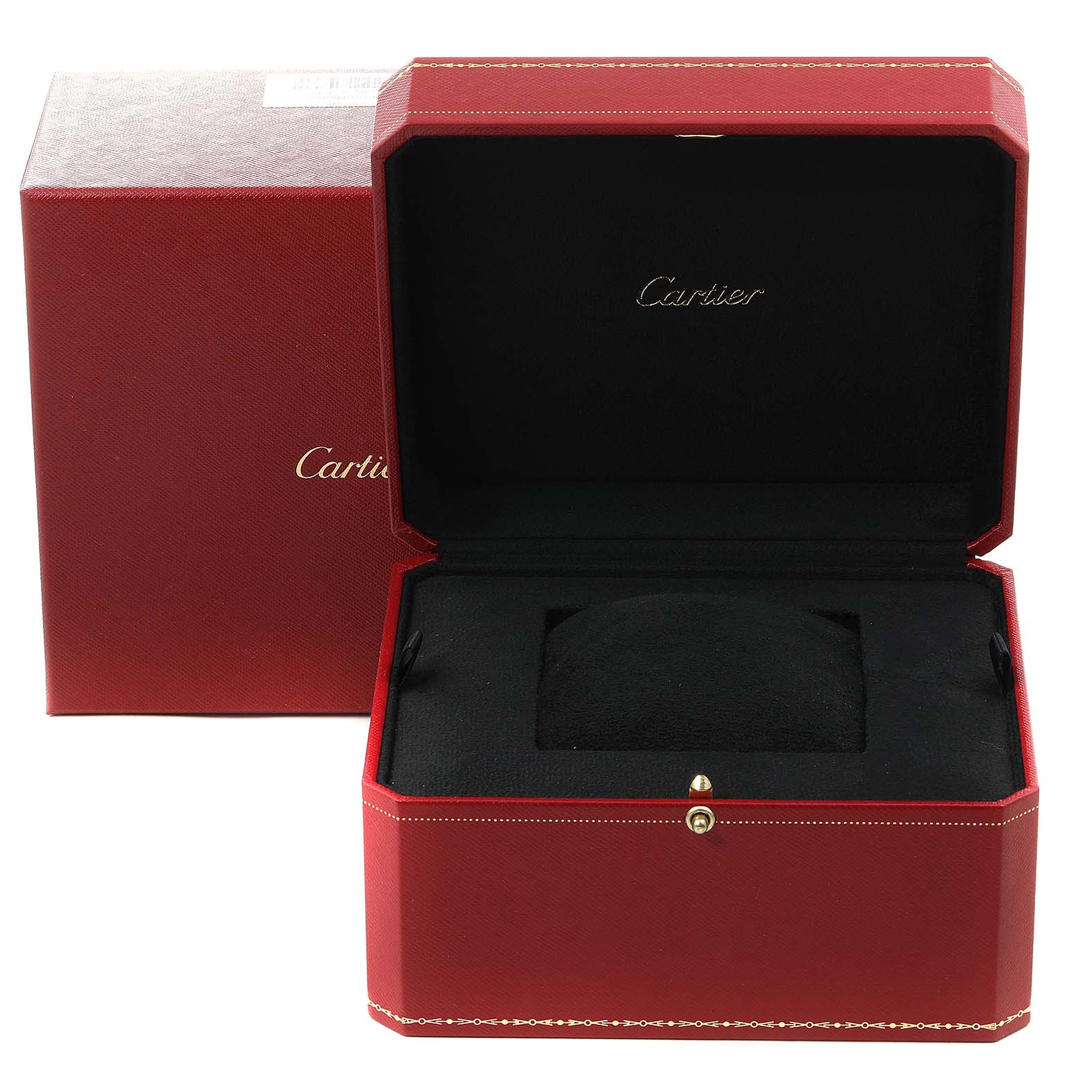 The image shows an open red Cartier box for the Vendome model watch, showcasing its black interior and cushion.