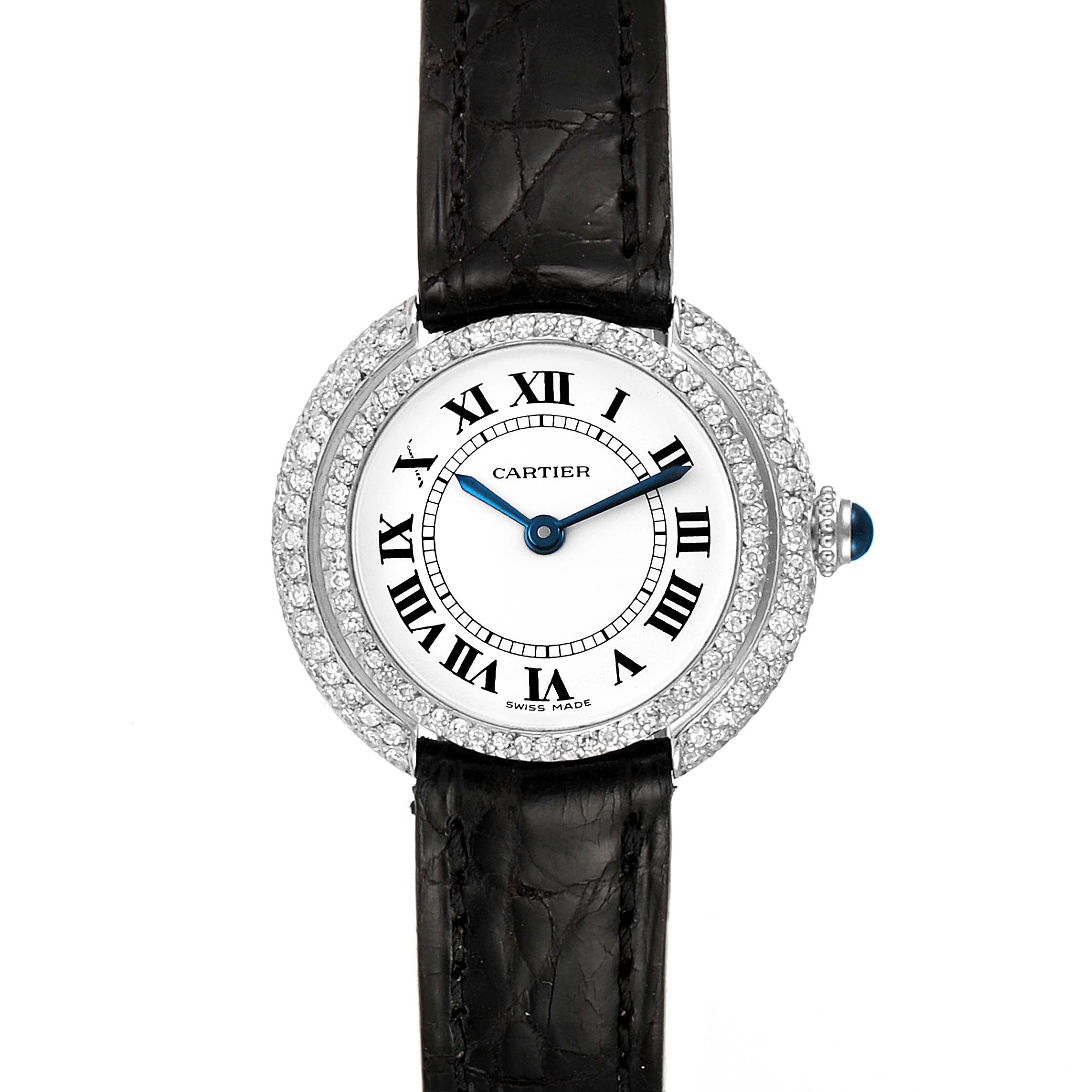 This image shows a front view of the Vendome model by Cartier, featuring a diamond-encrusted bezel and Roman numeral dial.