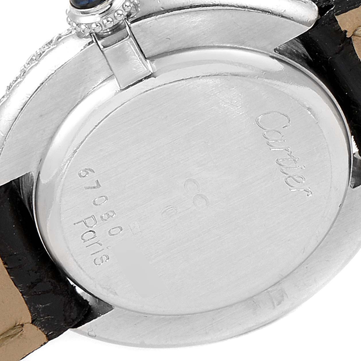 The image shows the back side of a Cartier Vendome W15071G8 Women's White Gold White Dial W15071G8 Women's White Gold White Dial watch, including the case back and part of the watch strap.