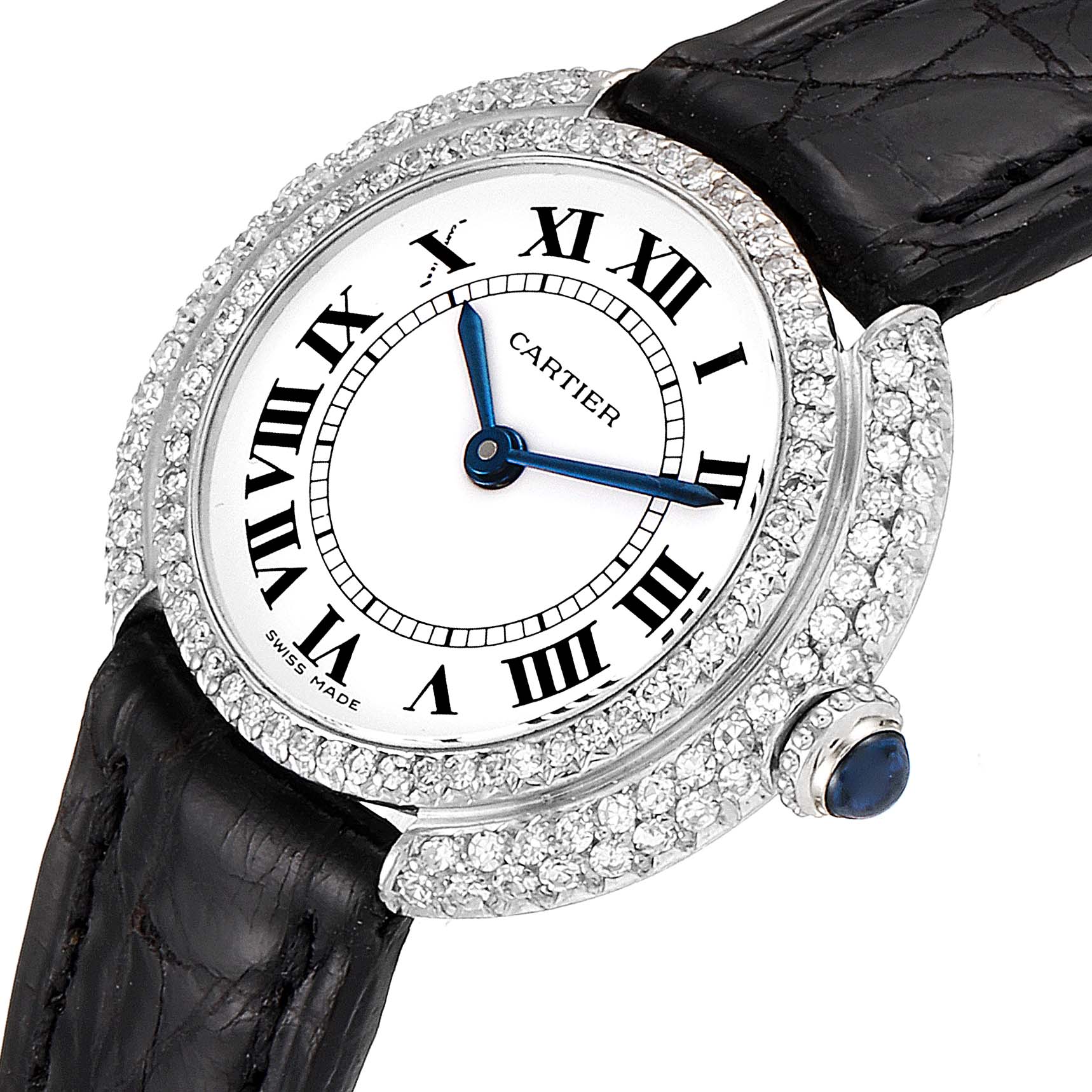 The image shows a close-up of the Cartier Vendome W15071G8 Women's White Gold White Dial W15071G8 Women's White Gold White Dial watch face, bezel, and part of the leather strap.